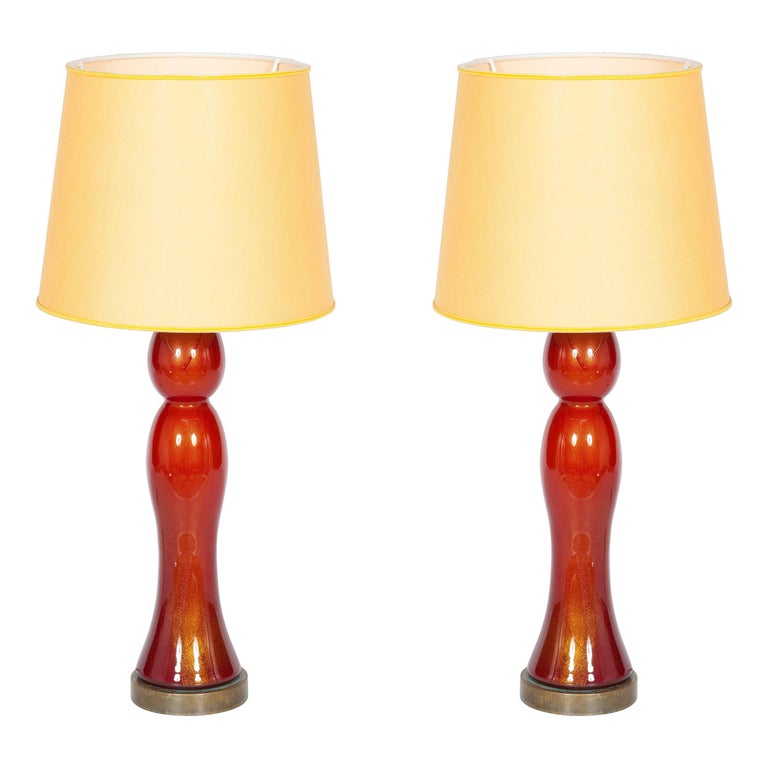 Pair of Murano Glass Table Lamps Coral and Gold Leaf Color, 1980s For Sale