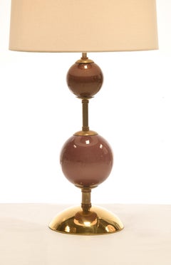Pair of Opaque Murano Glass Table Lamps with Polished Brass Frames & Silk Shades