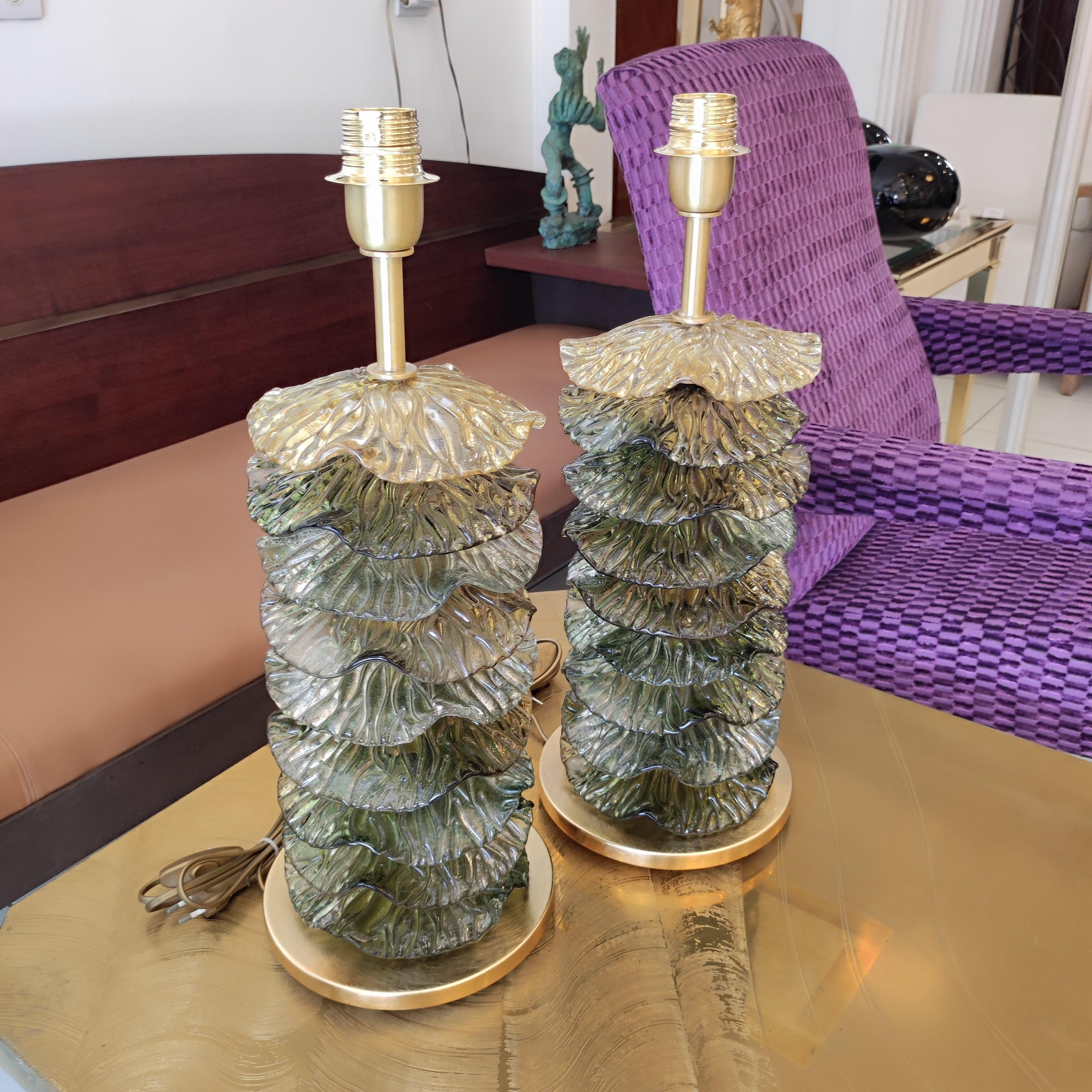 Brass Pair of Murano Glass Table Lamps