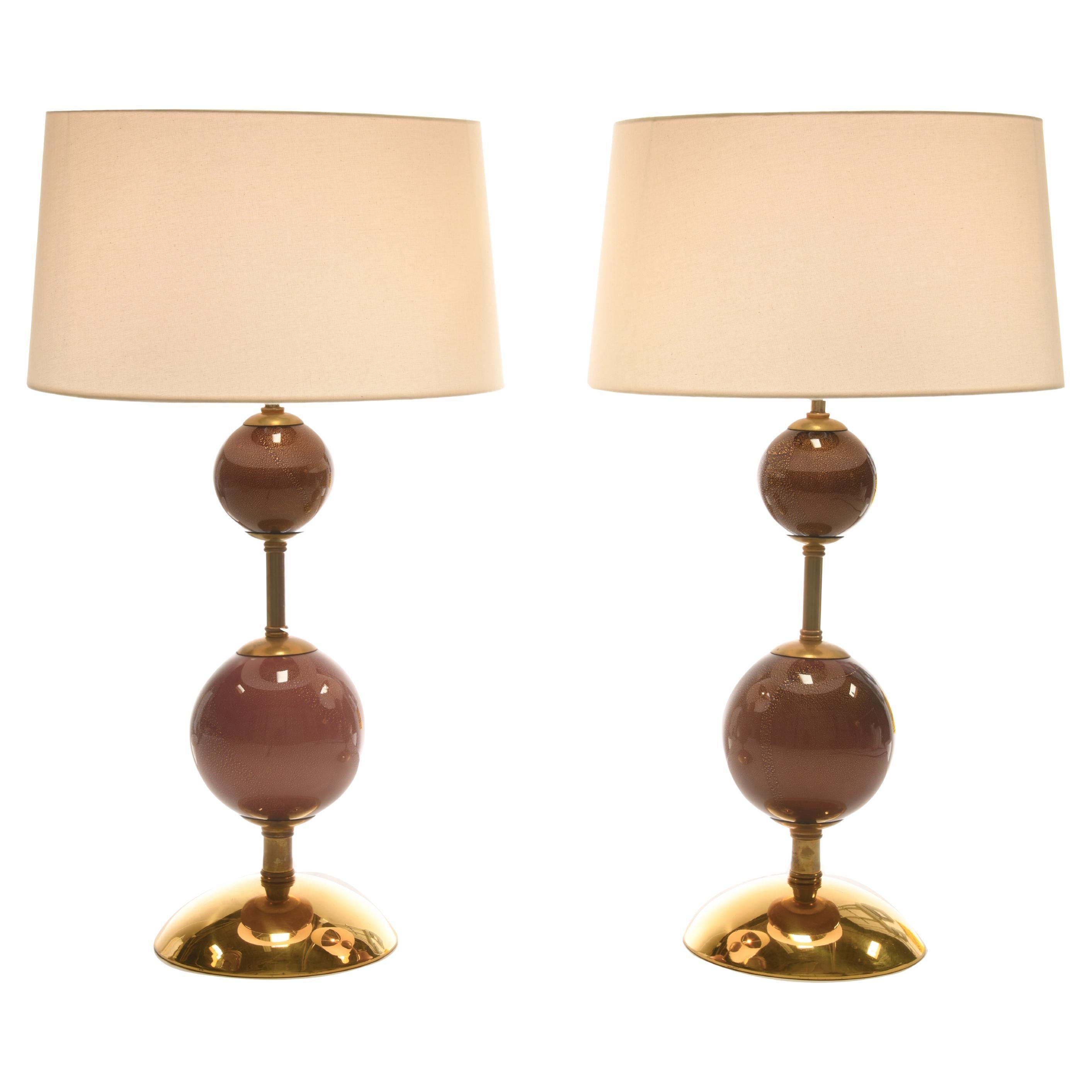 Pair of Opaque Murano Glass Table Lamps with Polished Brass Frames & Silk Shades