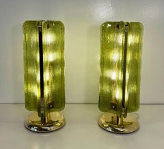 Pair of Murano Glass Table Lamps in Ribbed Green Glass and Brass