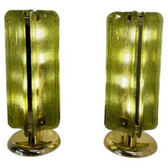 Pair of Murano Glass Table Lamps in Ribbed Green Glass and Brass