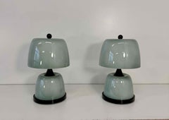 Pair of Murano Glass Table Lamps in Sage Green with Black Details