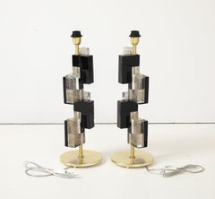 Pair of Murano Glass Table Lamps with 24K Gold and Black Glass Blocks, Italy