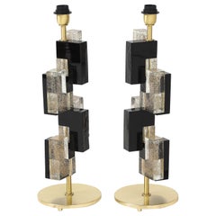 Pair of Murano Glass Table Lamps with 24K Gold and Black Glass Blocks, Italy