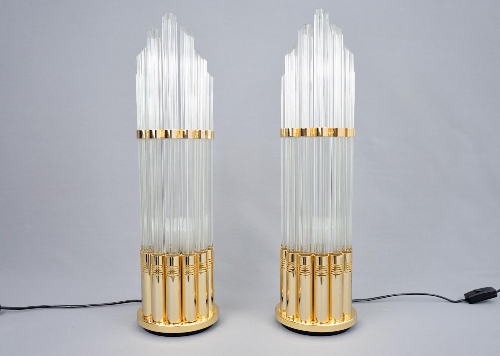 Mid-Century Modern Pair of Murano Glass Table Lamps with Gilded Brass, Italy, 1970s For Sale