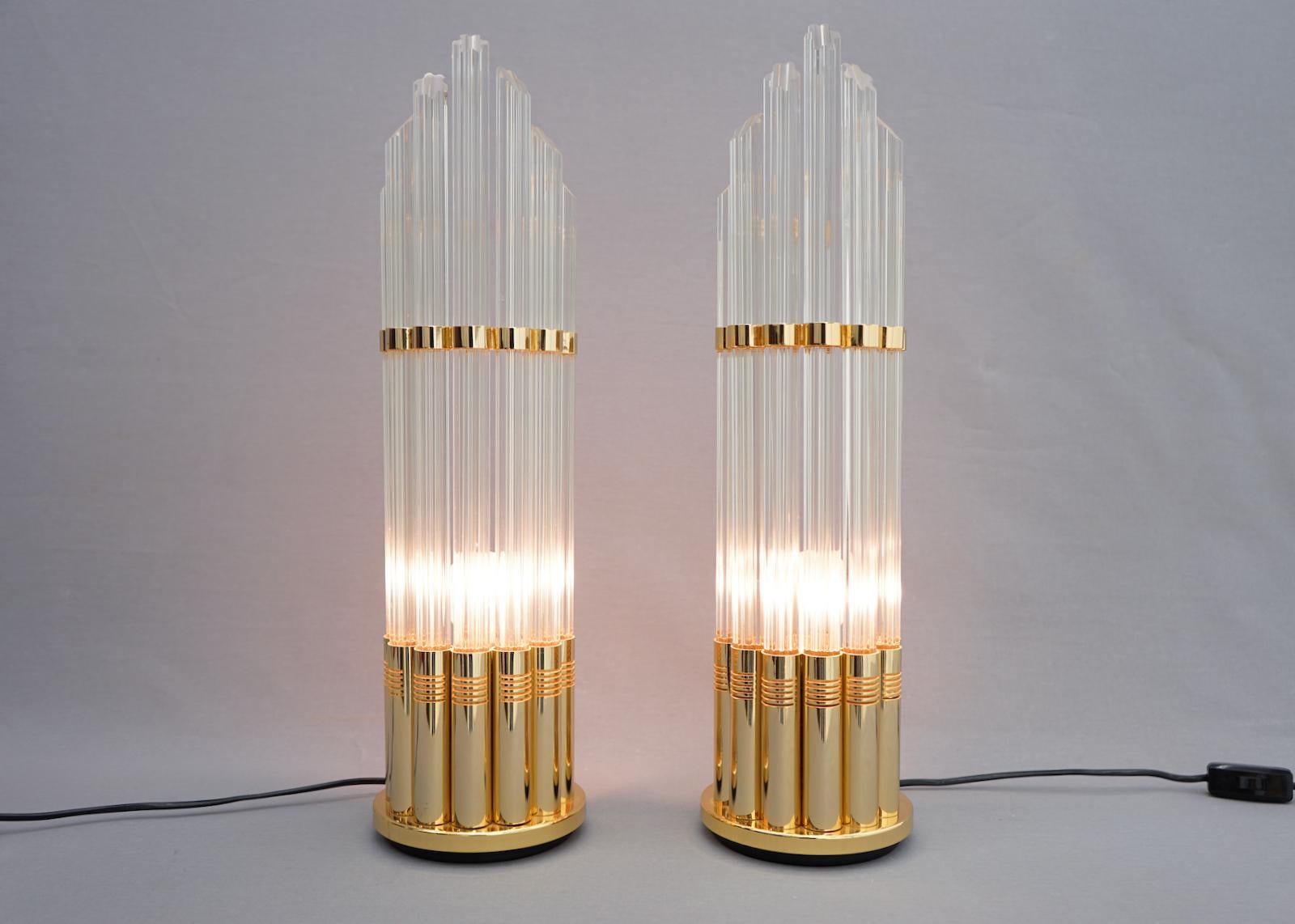 Italian Pair of Murano Glass Table Lamps with Gilded Brass, Italy, 1970s For Sale