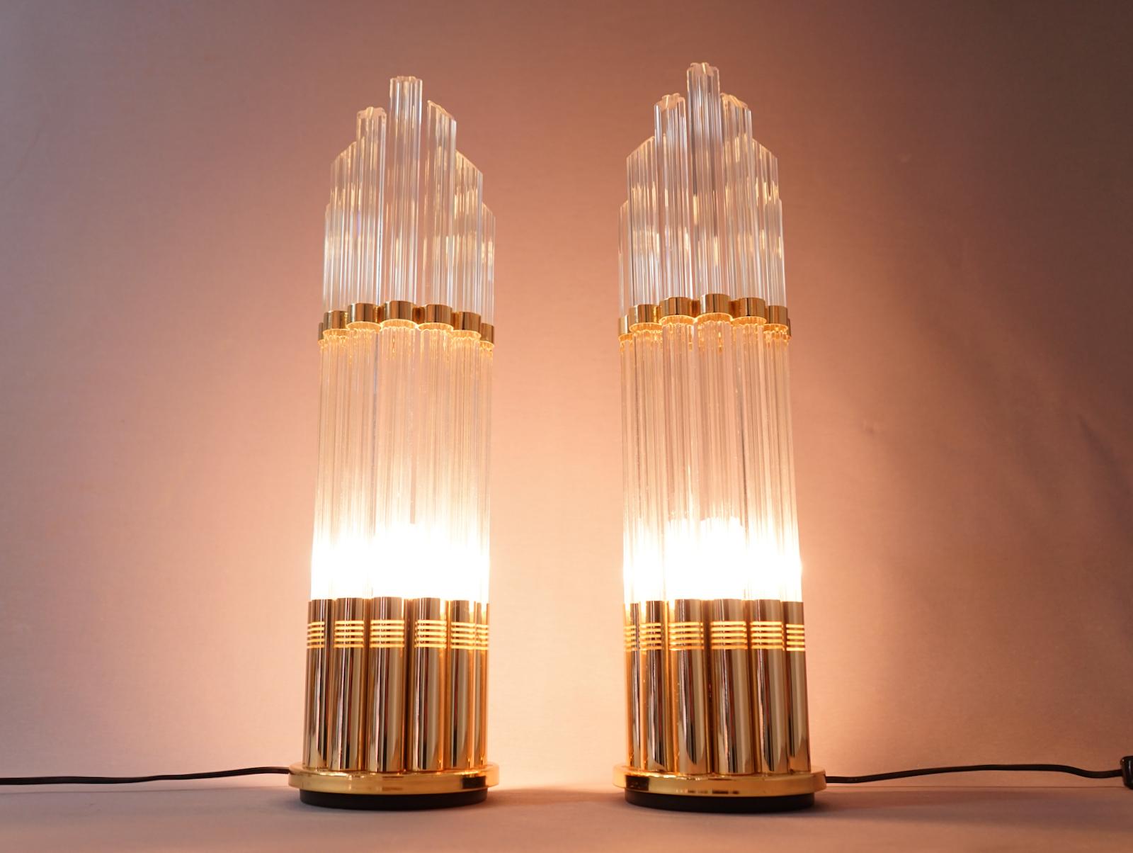 Late 20th Century Pair of Murano Glass Table Lamps with Gilded Brass, Italy, 1970s For Sale