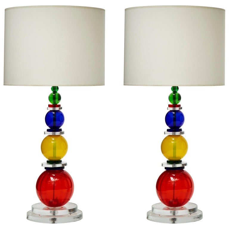 Pair Of Murano Glass Table Lamps With, Colored Glass Table Lamps