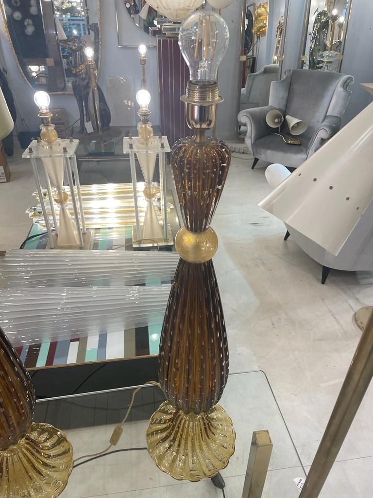 Mid-Century Modern Pair of Murano Glass Tall Lamps in the Style of Barovier For Sale