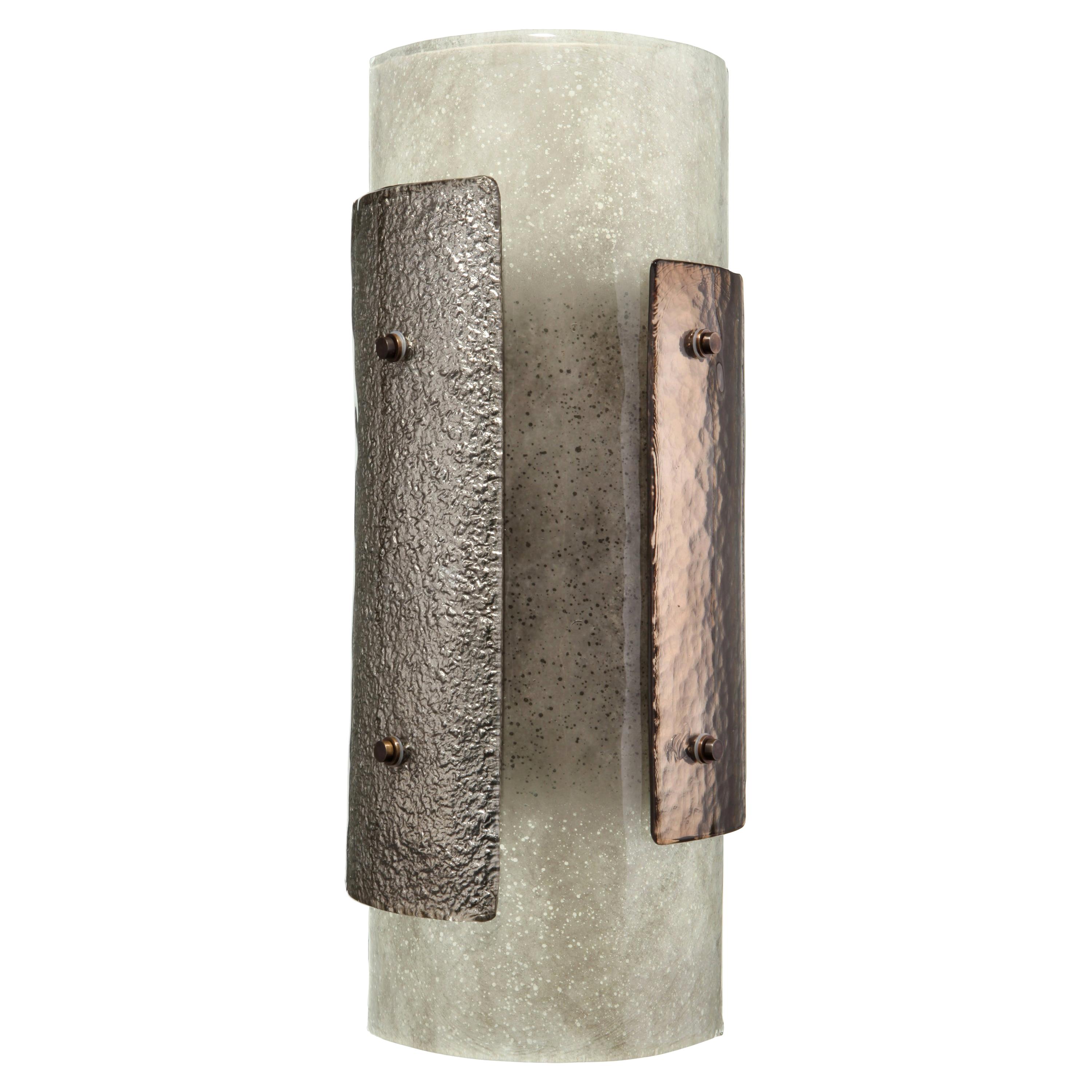 The Torcello sconce, like the Elba Sconce takes its inspiration from the Brutalist era of the 20th century. Consisting of three types of handcrafted Murano glass, with silver leaf and patinated brass detailing and fixings.

Wired for the EU, this