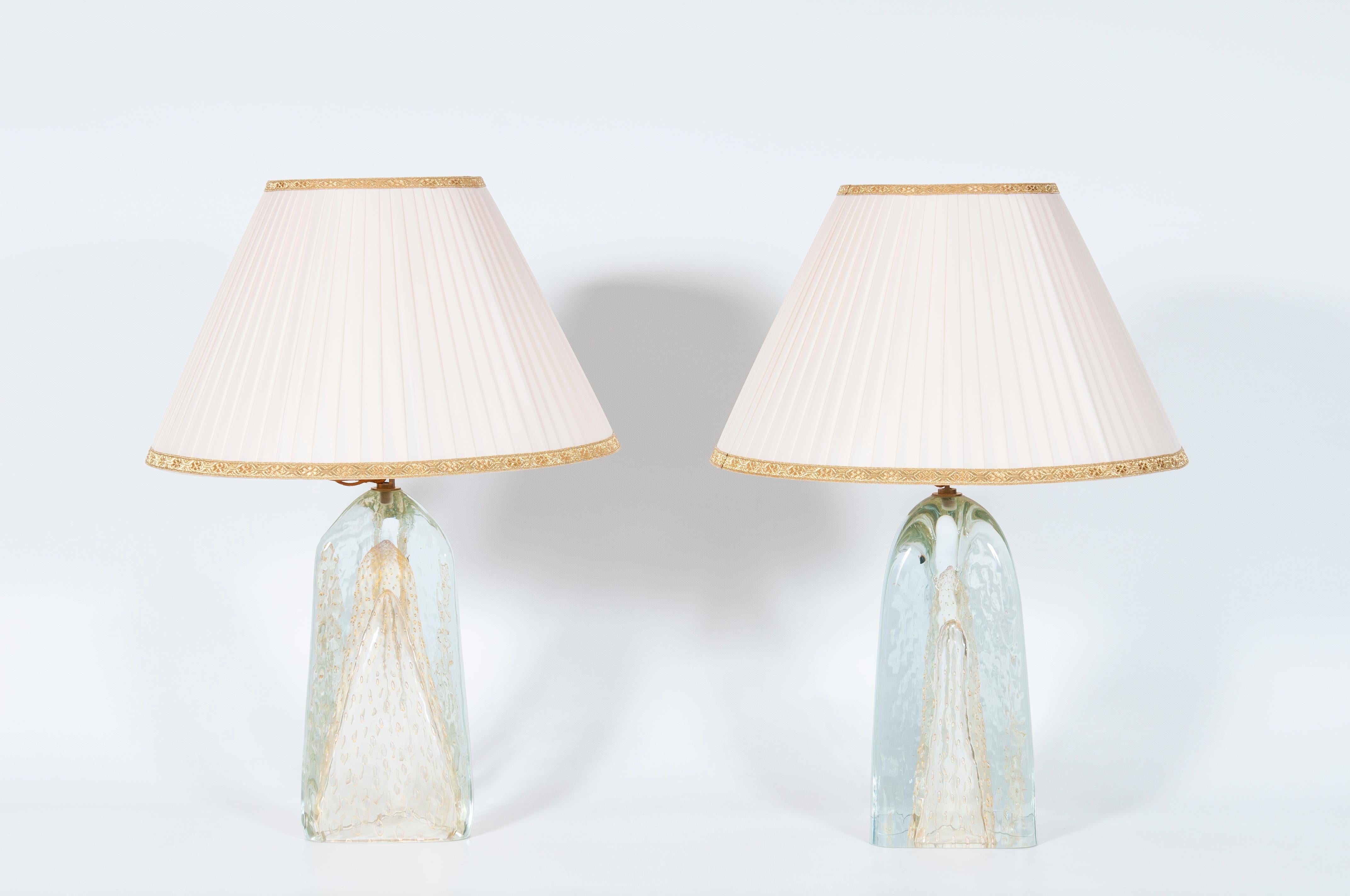 Pair of Murano glass triangle-shaped lamps with 24-Carat Gold, 1980s

This is a truly unique pair of Italian table lamps, entirely handcrafted in the Venetian island of Murano, circa 1980s.
The stem is made of transparent glass with a delicate