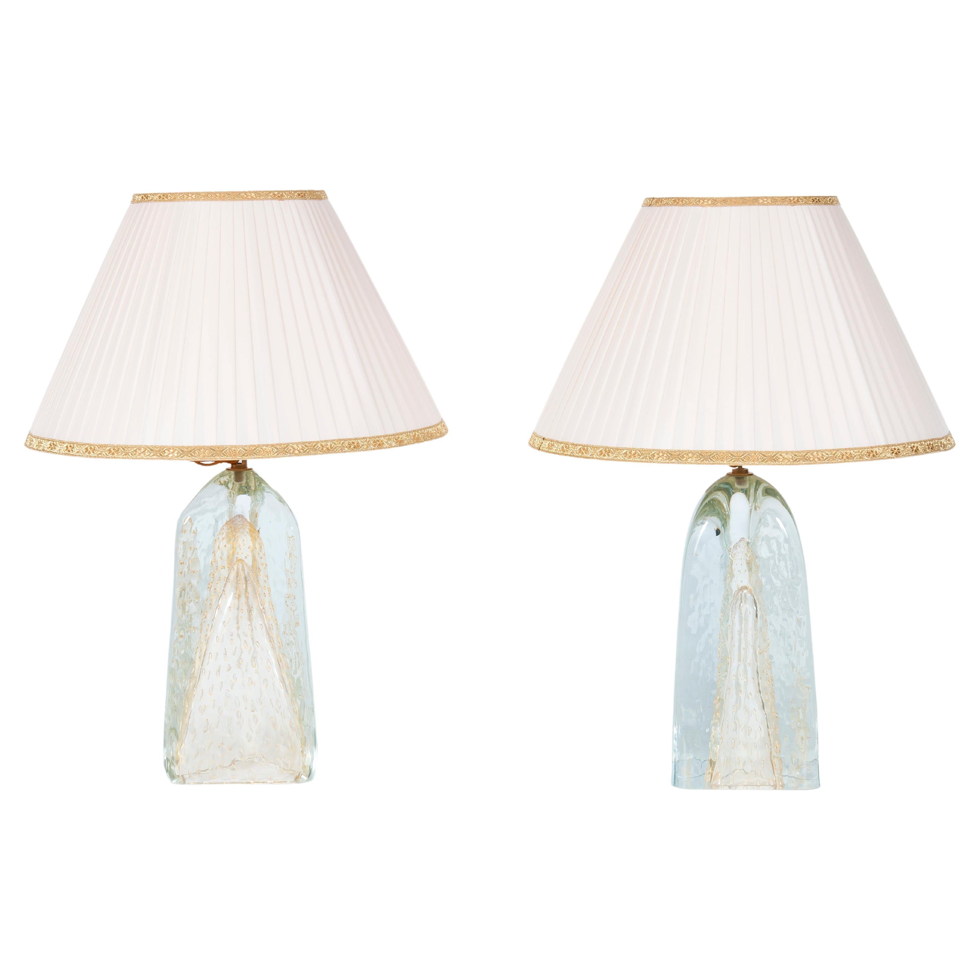 Pair of Murano Glass Triangle-Shaped Lamps with 24-Carat Gold 1980s