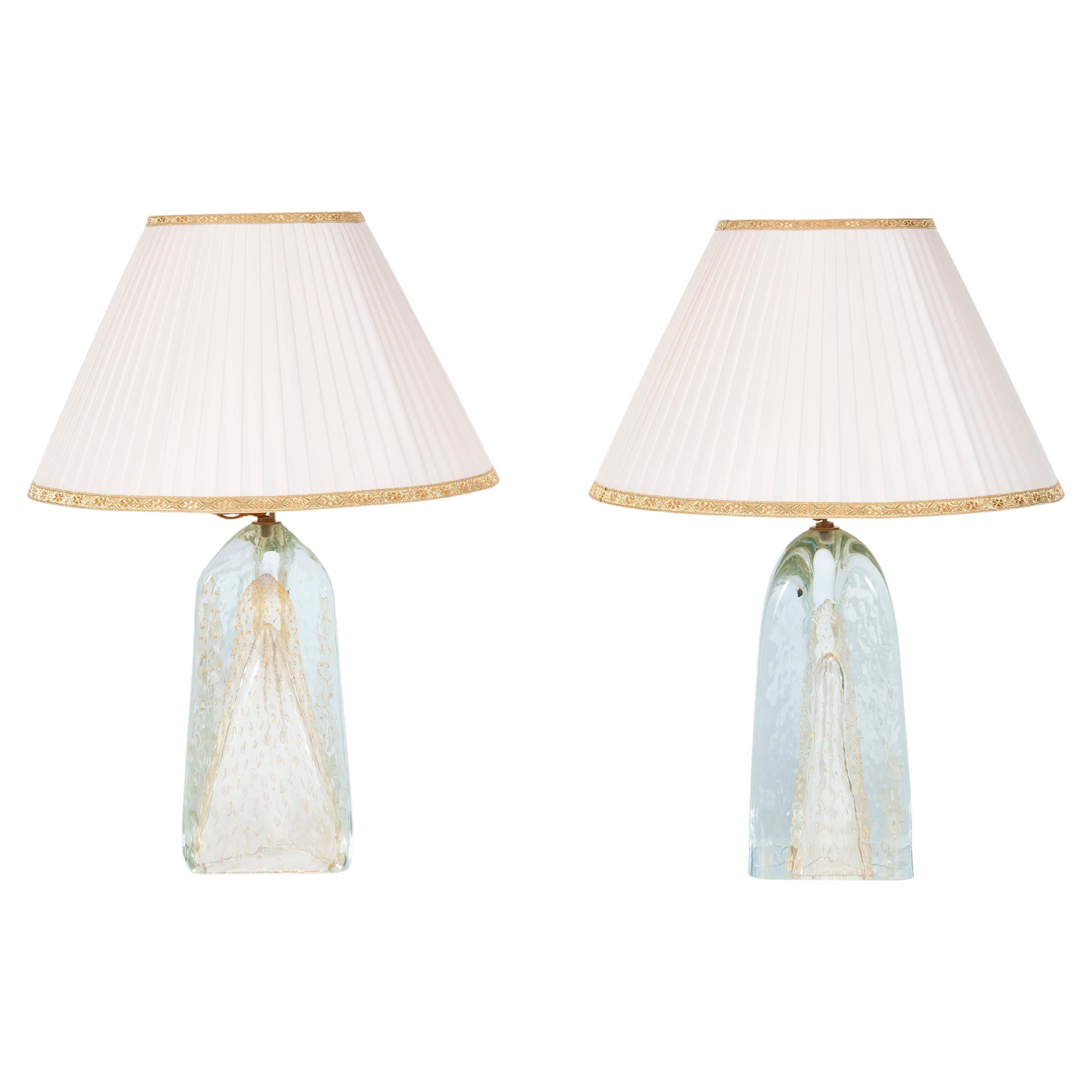 Pair of Murano Glass Triangle-Shaped Lamps with 24-Carat Gold, 1980s For Sale