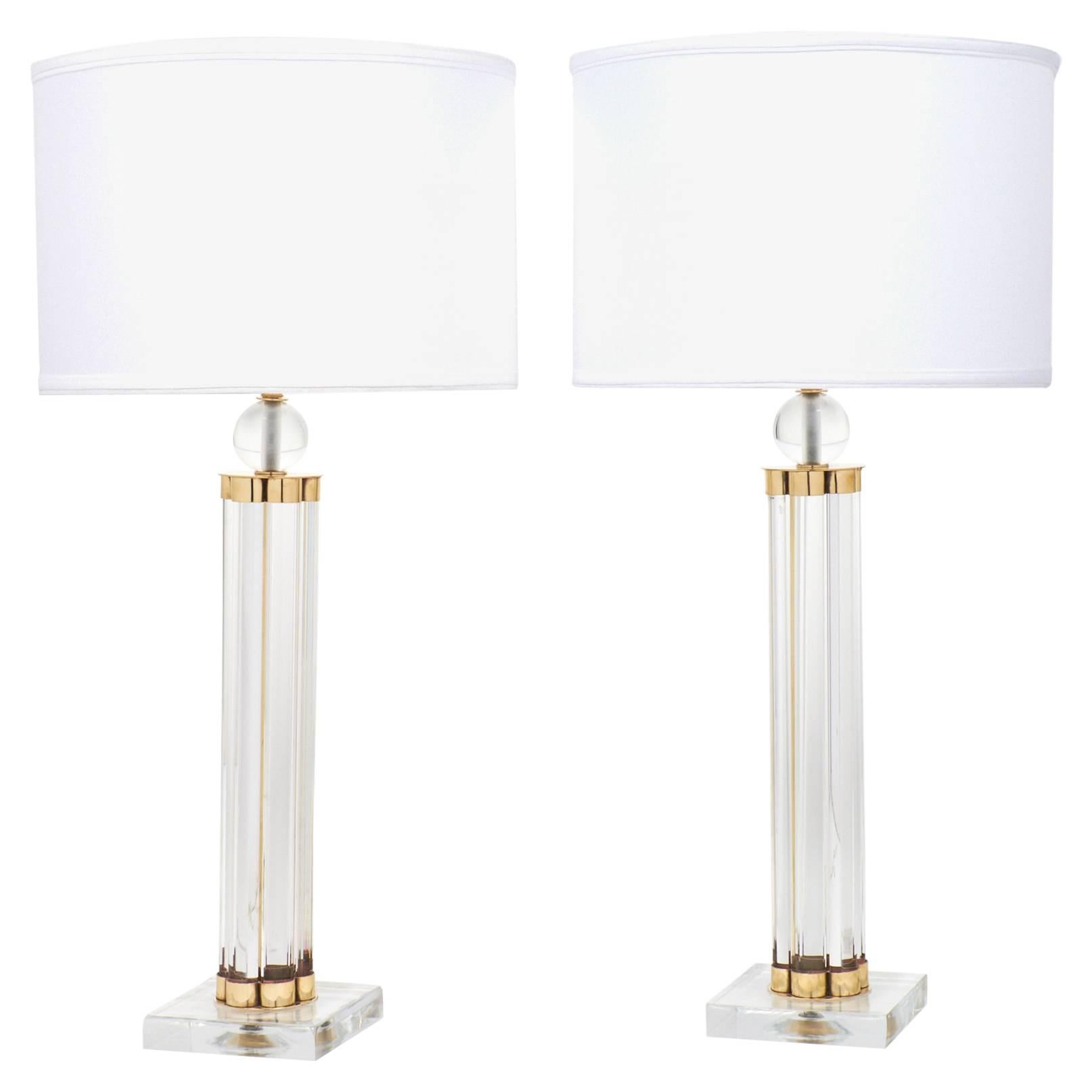 Pair of Murano Glass Tube and Brass Table Lamps