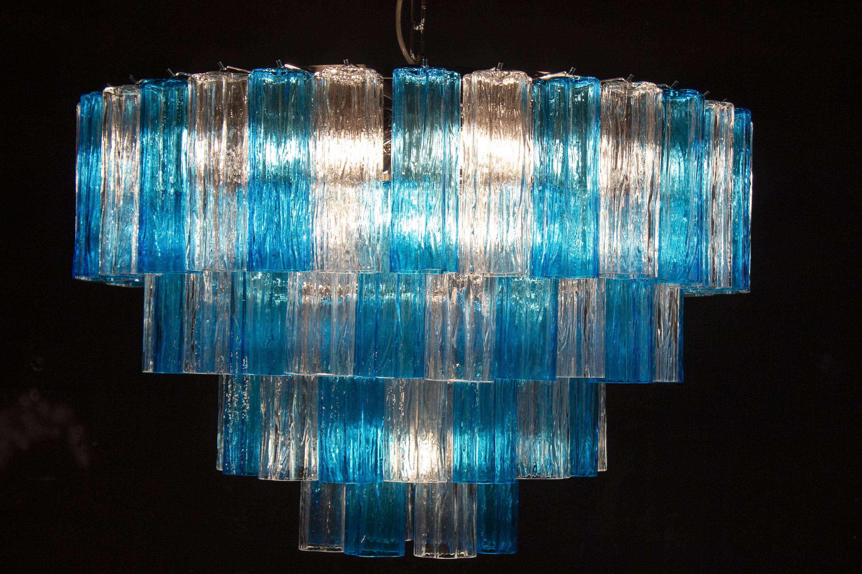 Pair of Murano Glass Turquoise and Ice Color Tronchi Chandelier Ceiling Light For Sale 3