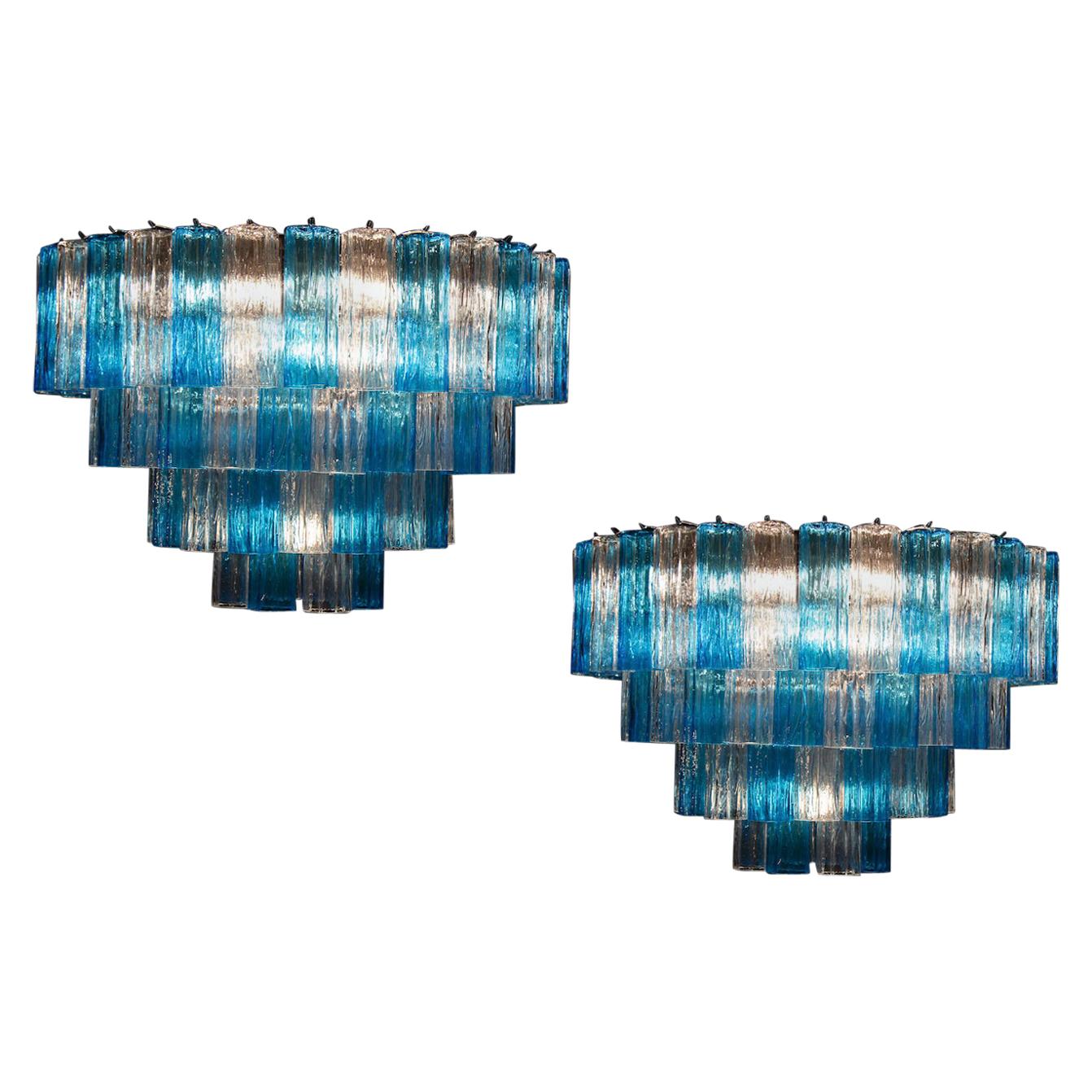 Pair of Murano Glass Turquoise and Ice Color Tronchi Chandelier Ceiling Light For Sale