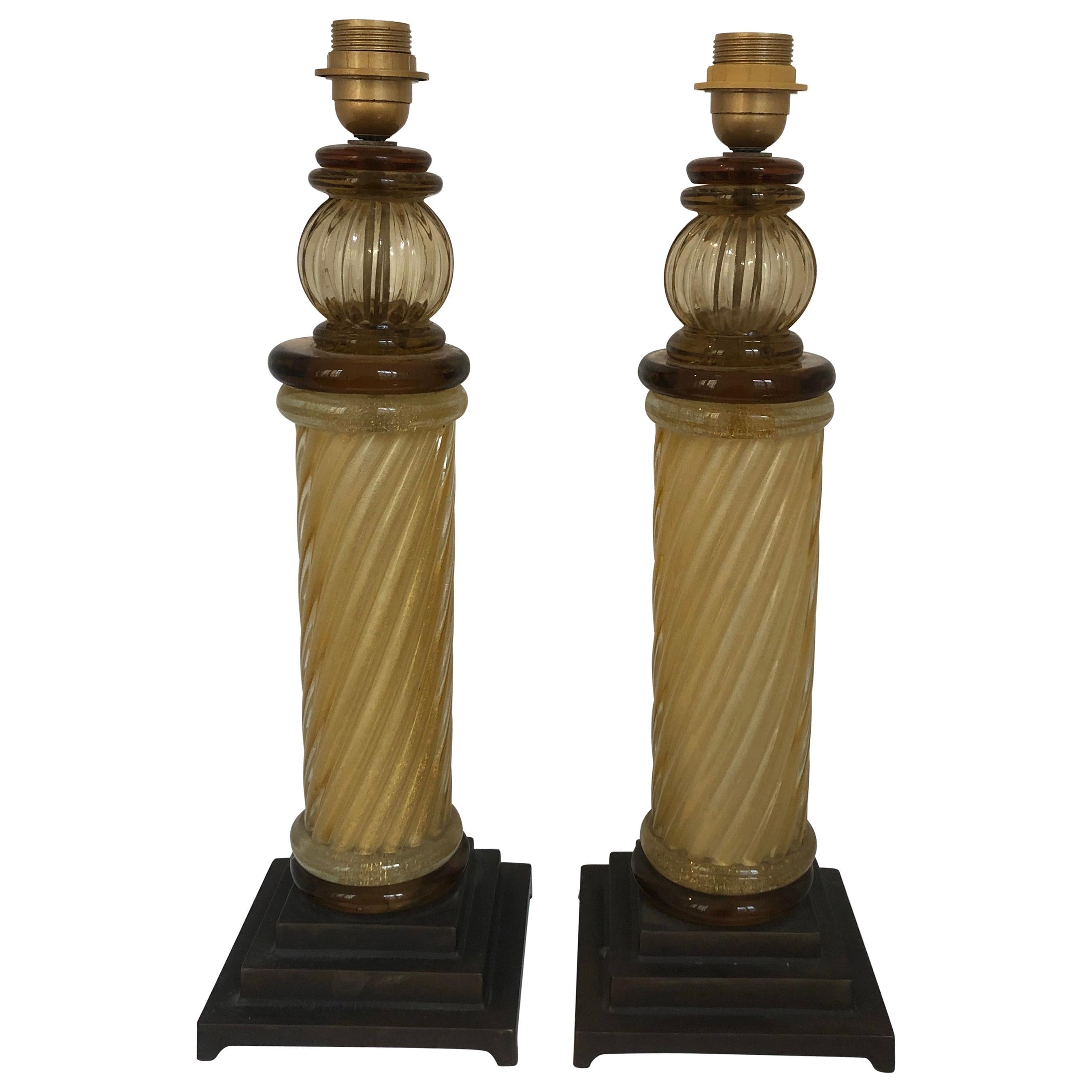 Pair of Murano Glass Twisted Column Murano Gold Inclusion Lamps