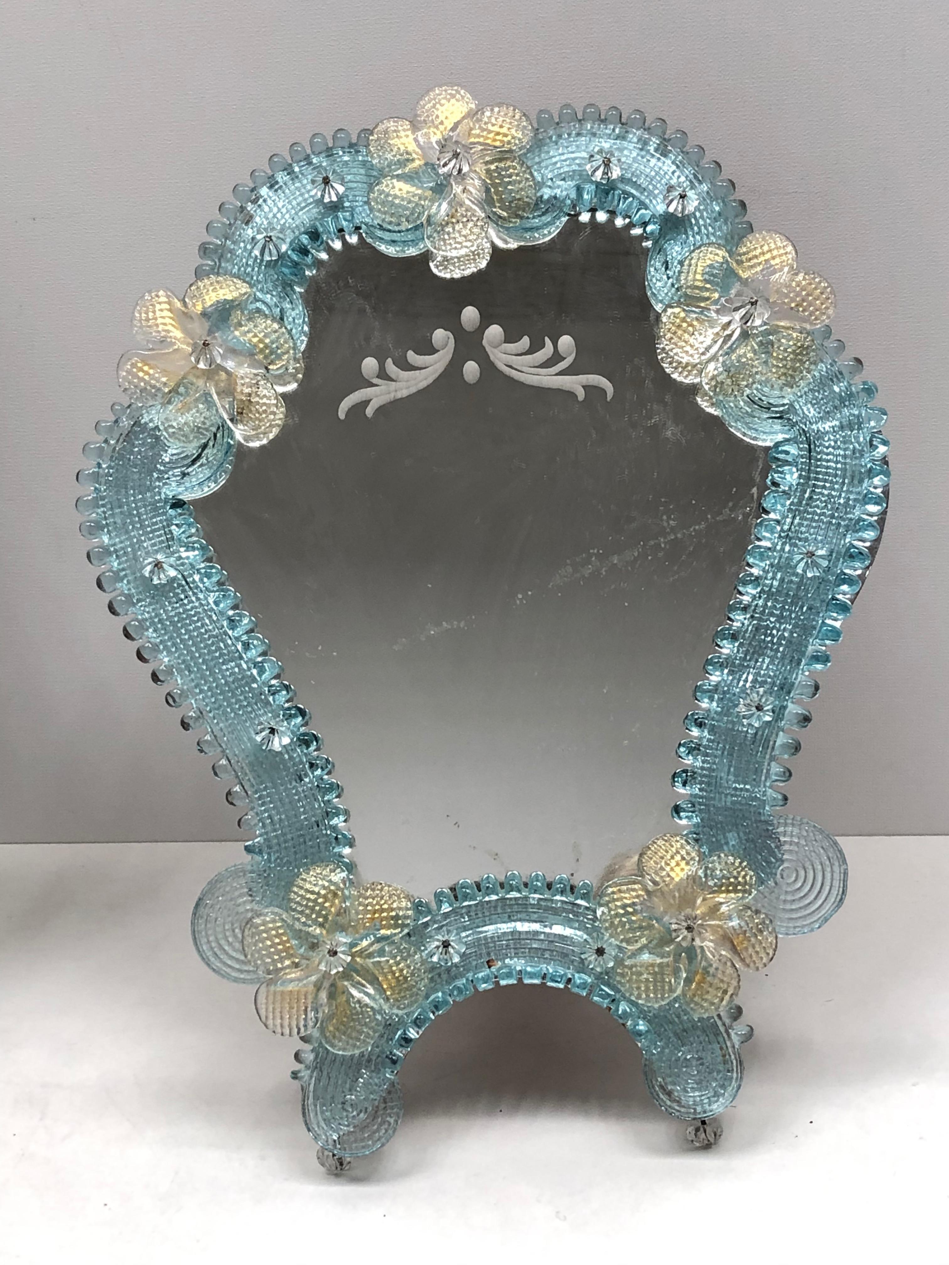 Pareja de flores de espejo de tocador de cristal de Murano, hacia 1950, Italia Venecia veneciana Hecho a mano en venta