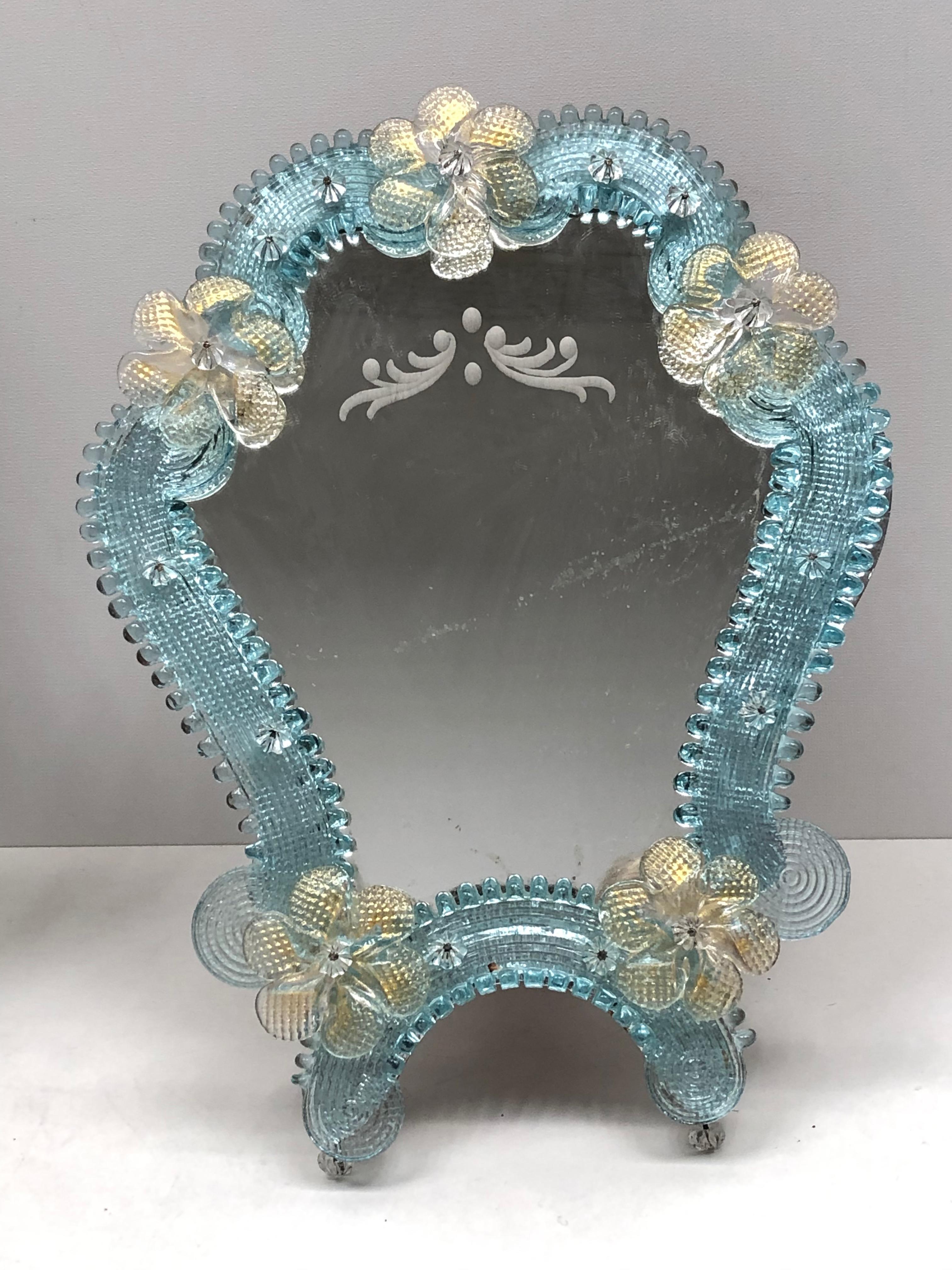 Italian Pair of Murano Glass Vanity Mirror Flowers, circa 1950s, Italy Venetian Venice For Sale