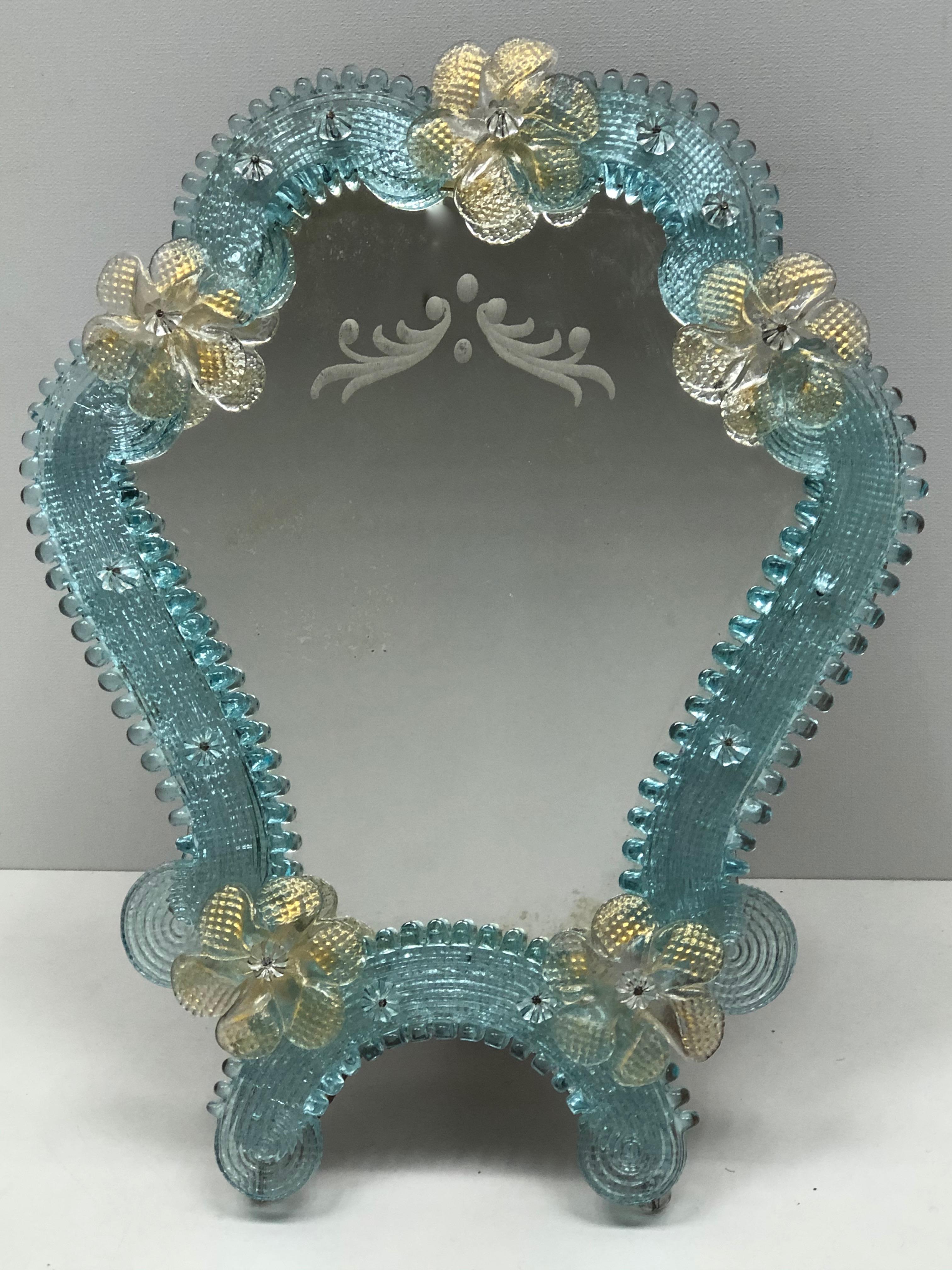 Hand-Crafted Pair of Murano Glass Vanity Mirror Flowers, circa 1950s, Italy Venetian Venice For Sale