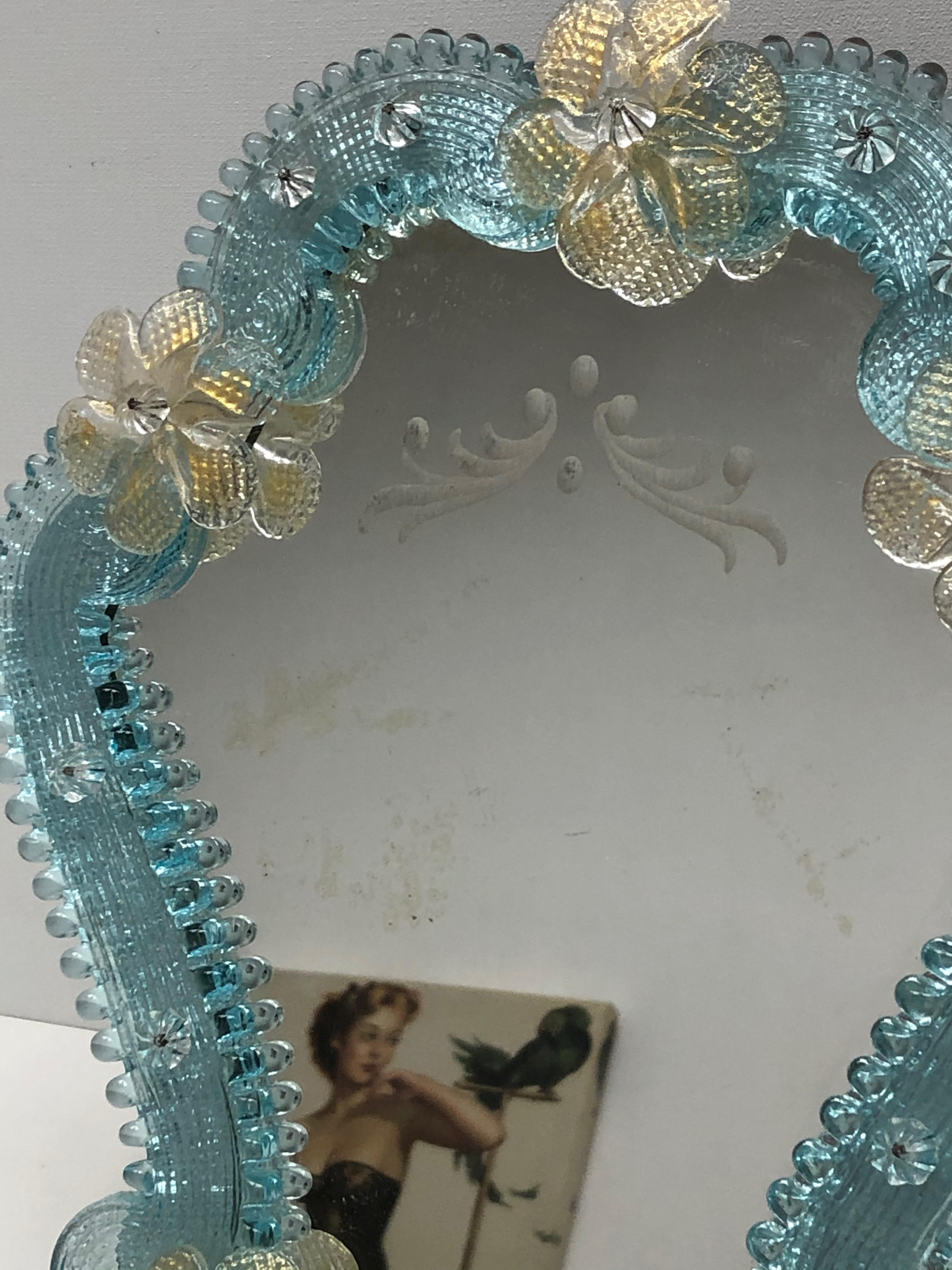 Pair of Murano Glass Vanity Mirror Flowers, circa 1950s, Italy Venetian Venice For Sale 1