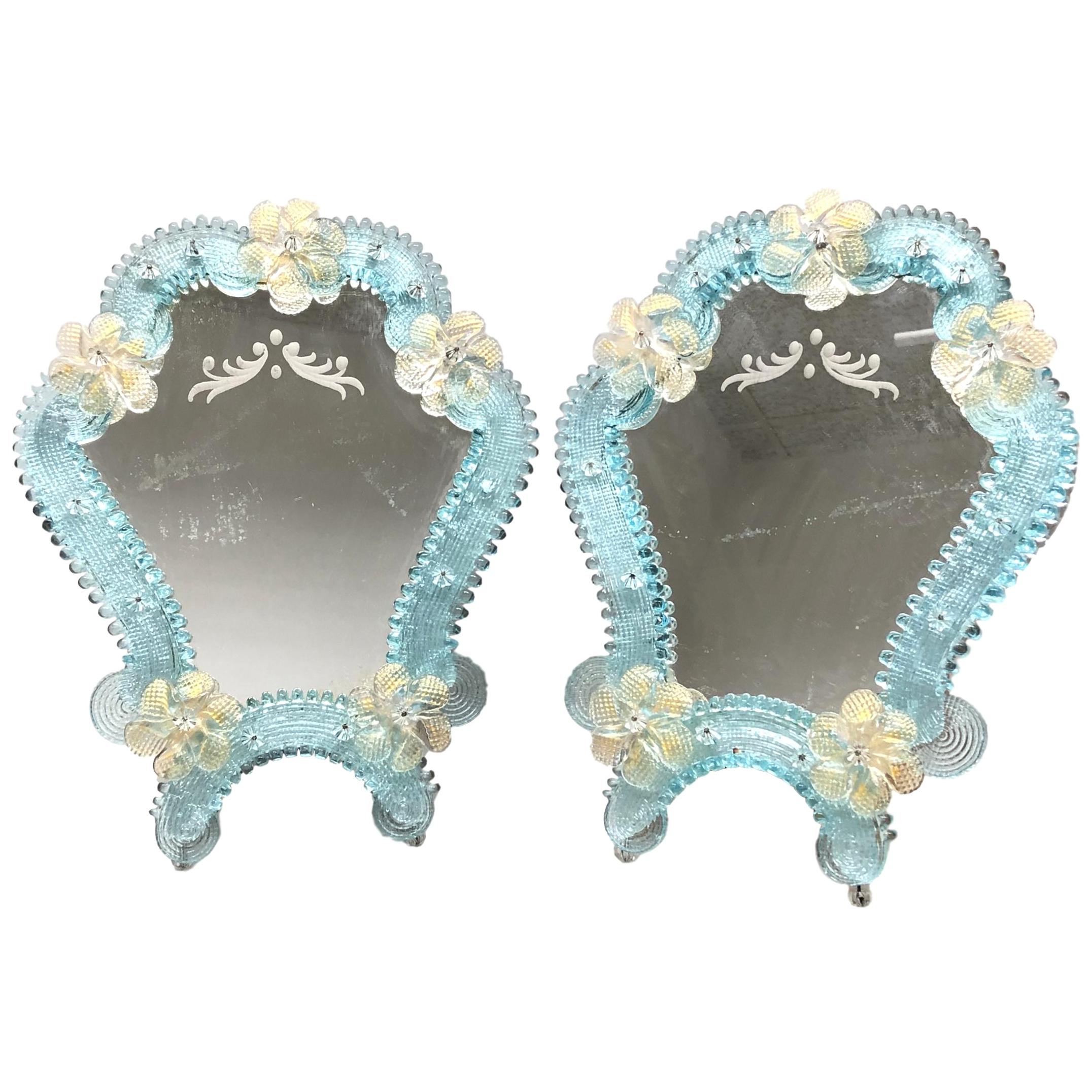 Pair of Murano Glass Vanity Mirror Flowers, circa 1950s, Italy Venetian Venice For Sale