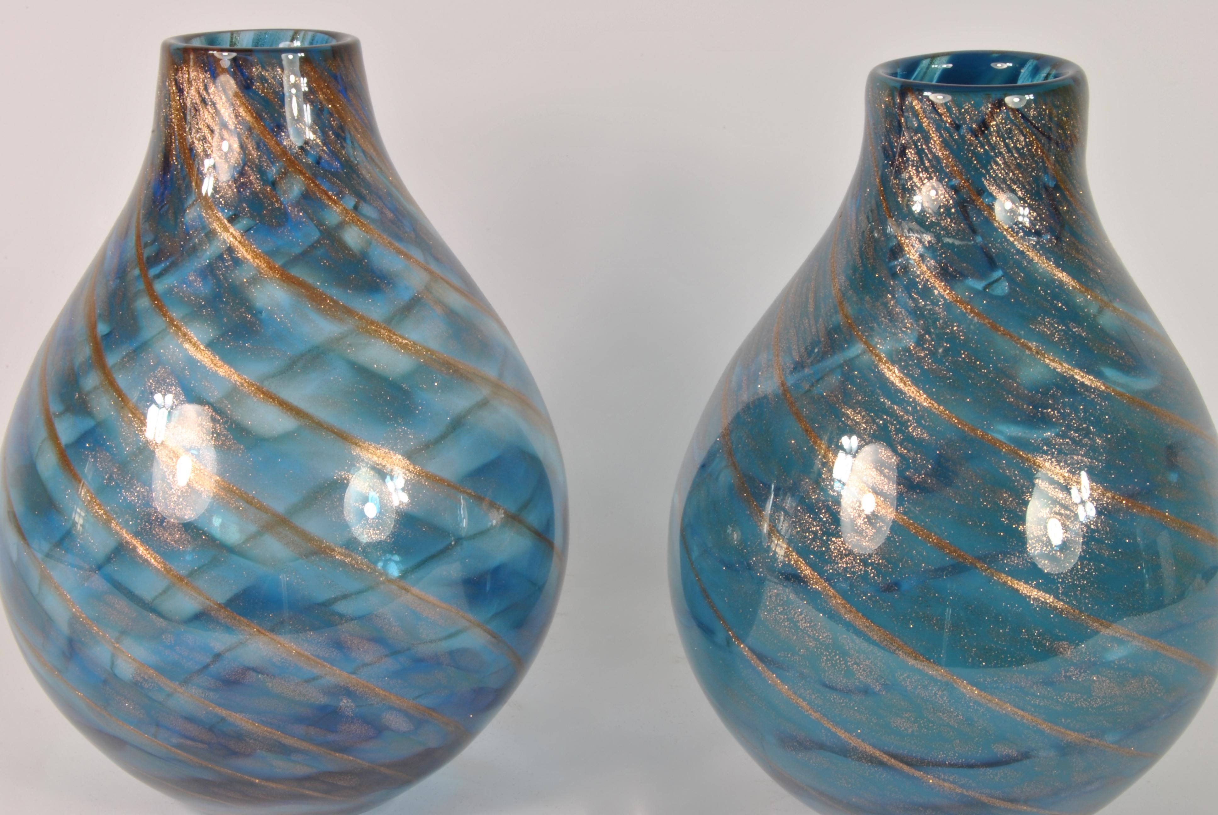 Pair of Murano glass vases, designed by Fratelli Toso, Italy, late 1960s.
Blue and gold colors.