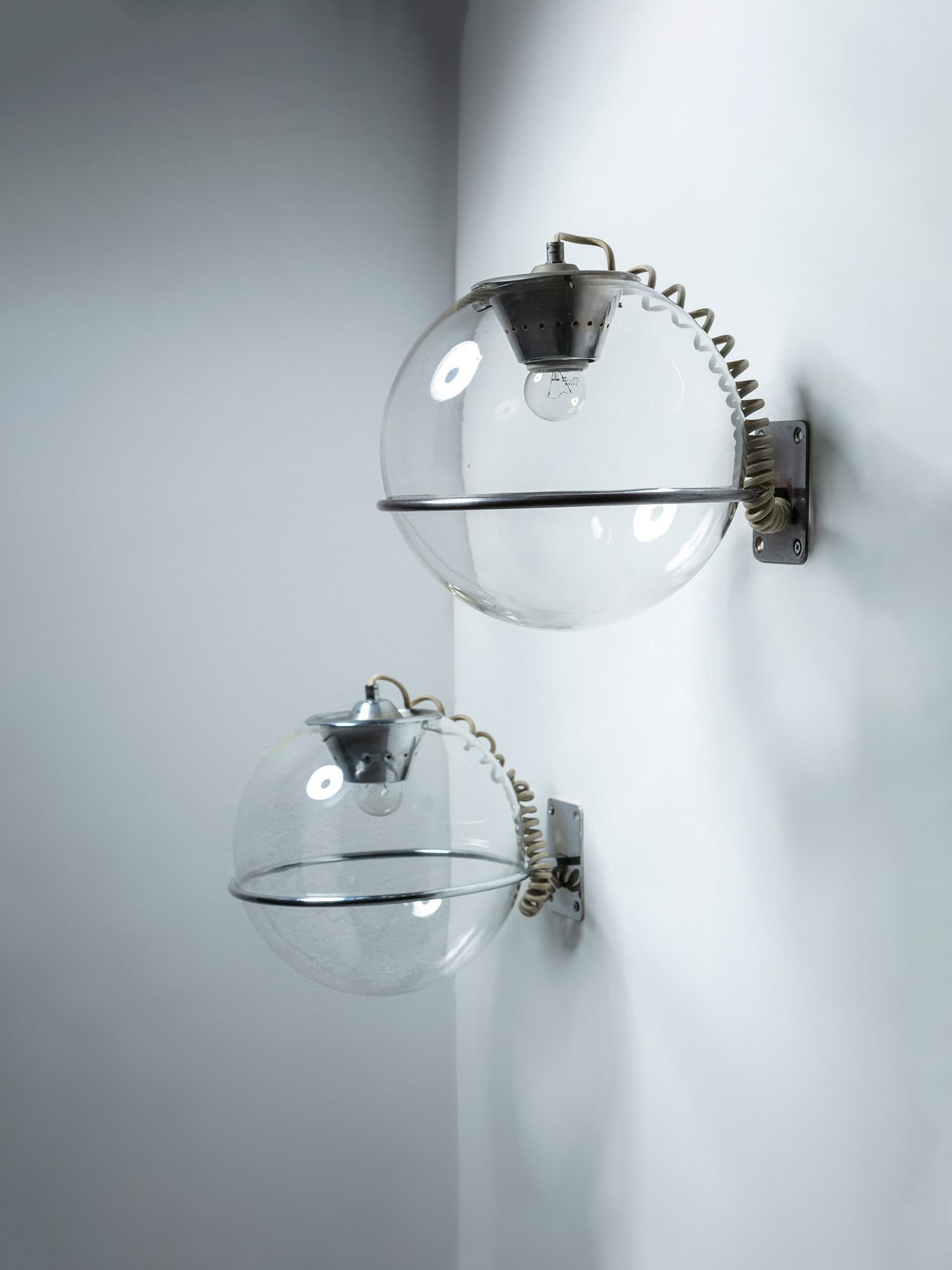 Mid-20th Century Two Spherical Murano Glass and Chrome Sconces by Aldo Cosmacini, Italy, 1960s For Sale
