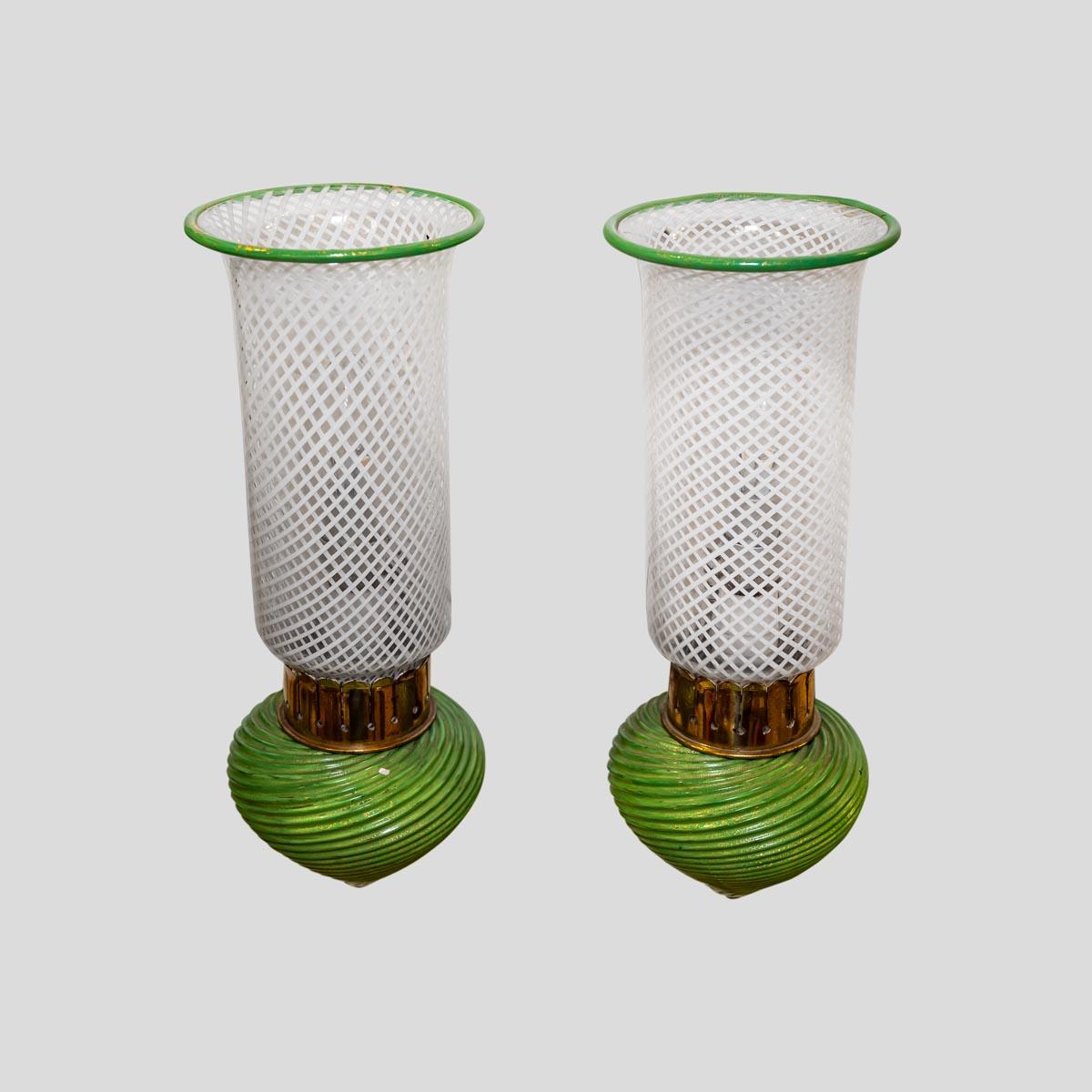Italian Pair of Murano glass wall lights clear white green with gold leaf decor brass For Sale