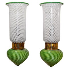 Vintage Pair of Murano glass wall lights clear white green with gold leaf decor brass