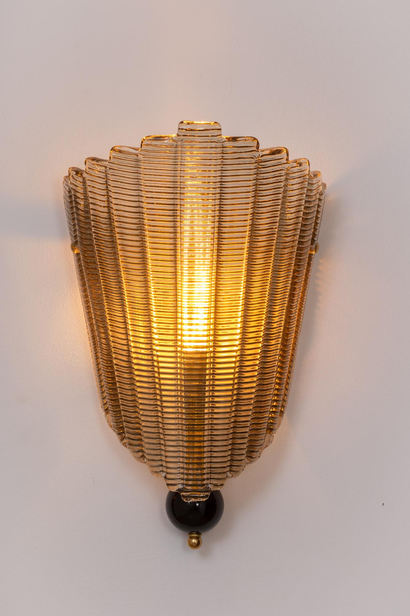 Brass Pair of Murano Glass Wall Sconces, Art Deco Style, in Stock For Sale