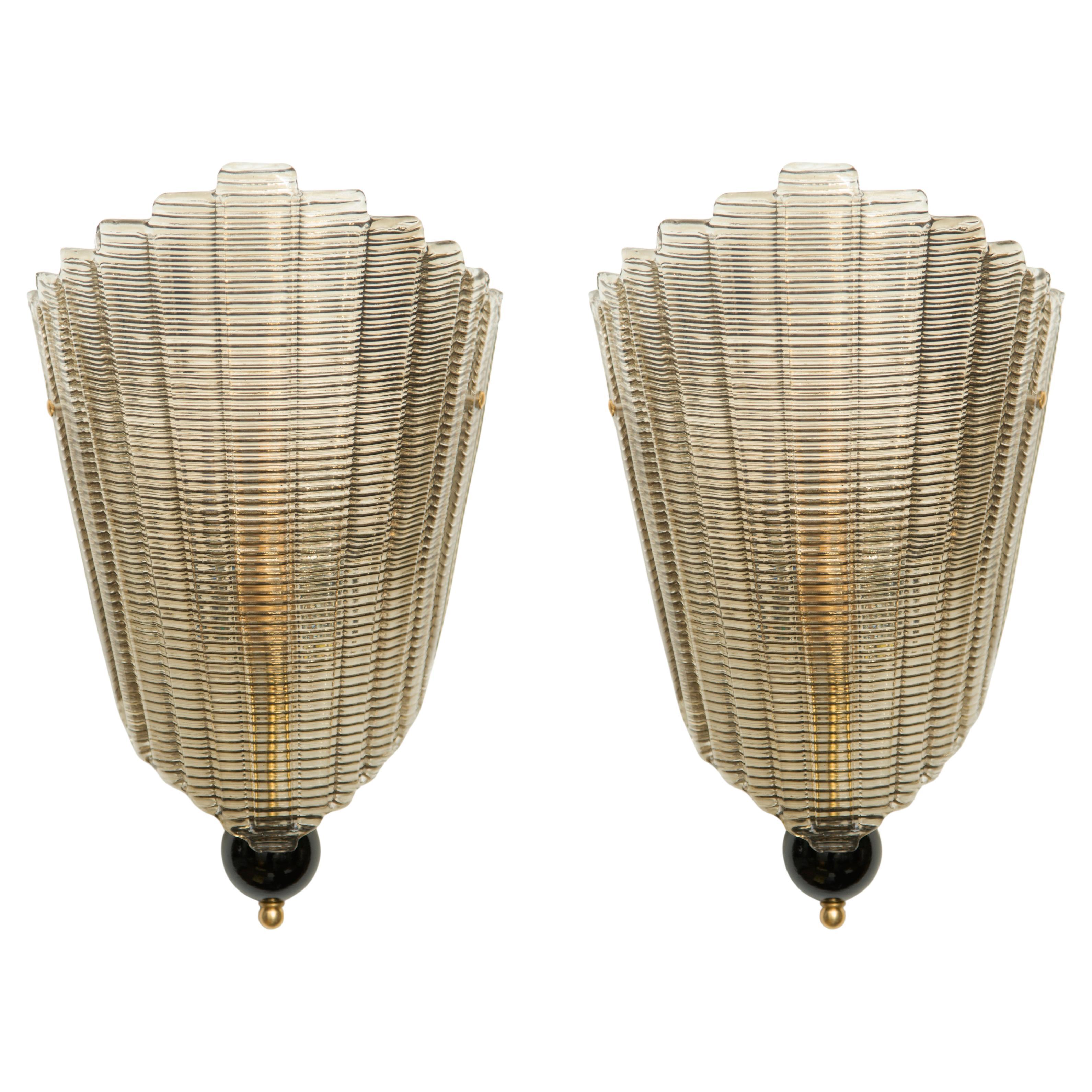 Pair of Murano Glass Wall Sconces, Art Deco Style, in Stock