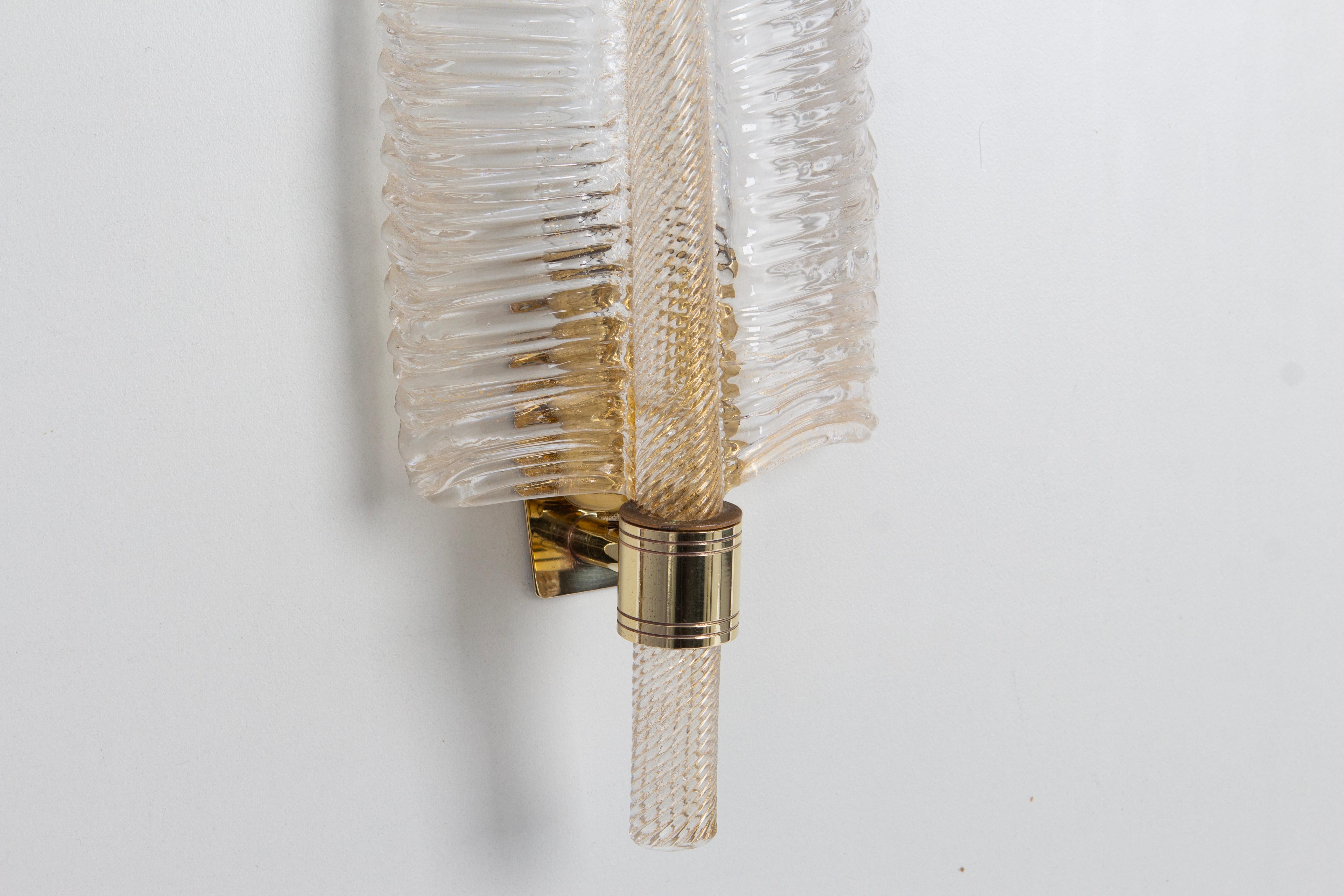 Brass Pair of Murano Glass Wall Sconces by Barovier & Toso, Italy, 1970s For Sale