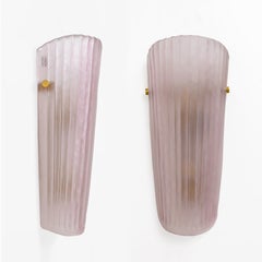 Pair of Murano Glass Wall Sconces in Pink Ribbed Glass and Brass, Italy
