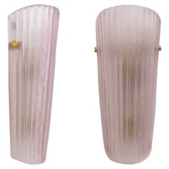 Pair of Murano Glass Wall Sconces in Pink Ribbed Glass and Brass, Italy
