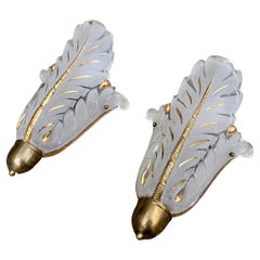 Pair of Murano Glass Wall Sconces, Leaf Design with Gold Details, Italy, 1950s