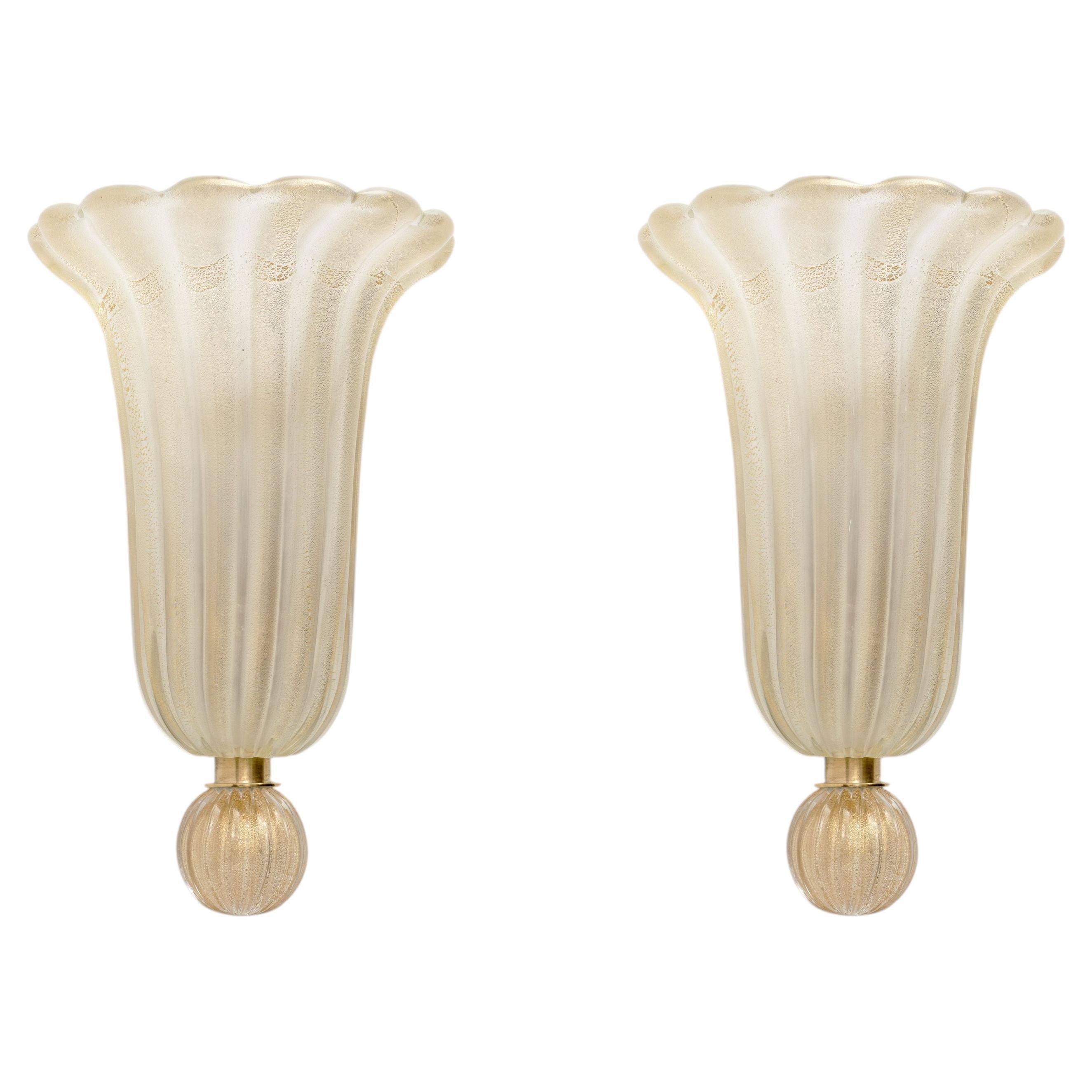 Pair of Murano Glass Wall Sconces with Gold Dust Inclusions