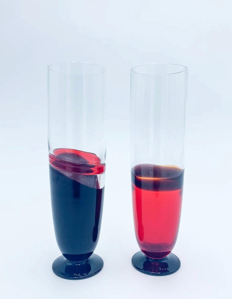 Pair of Murano glass glasses designed by Carlo Moretti in the 70s

Ø cm 5 h cm 18

Carlo Nason, born in Murano in 1935 from one of the oldest glassmaking families on the island, he was a great master glassmaker. He grew up attending the glass