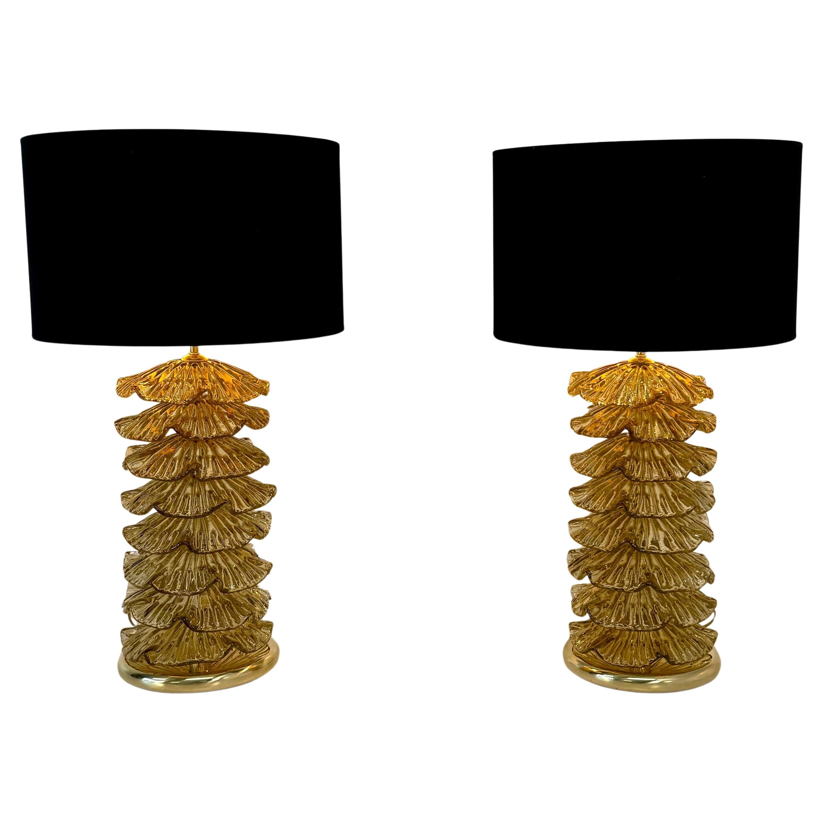 Paire de lampes de bureau de Murano en or et laiton en vente