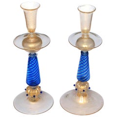 Pair of Murano Gold Aventurine and Blue Filigrana Glass Candlesticks