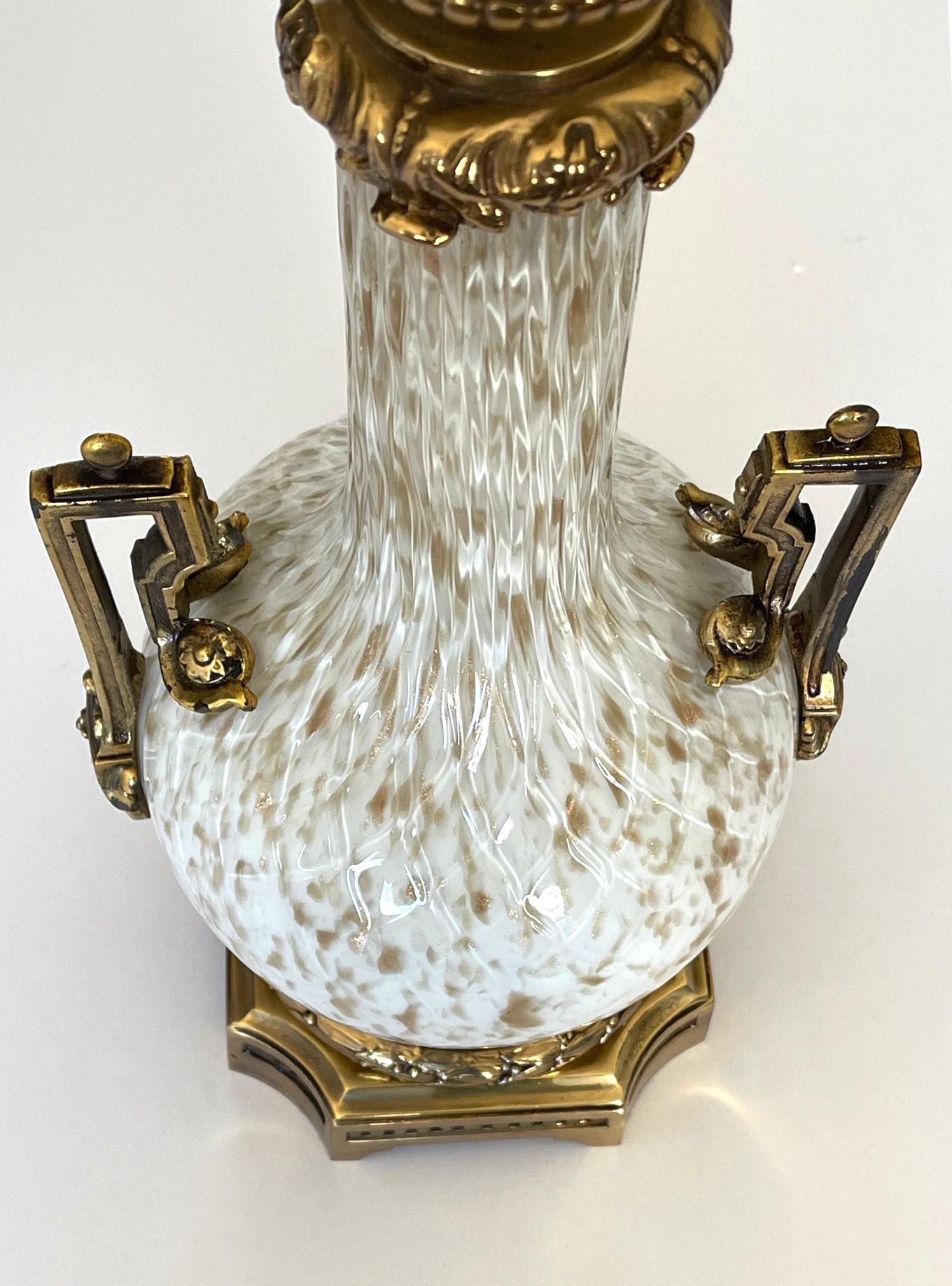 Italian Pair of Murano Gold Aventurine Bottle-Form Lamps with Brass Mounts For Sale
