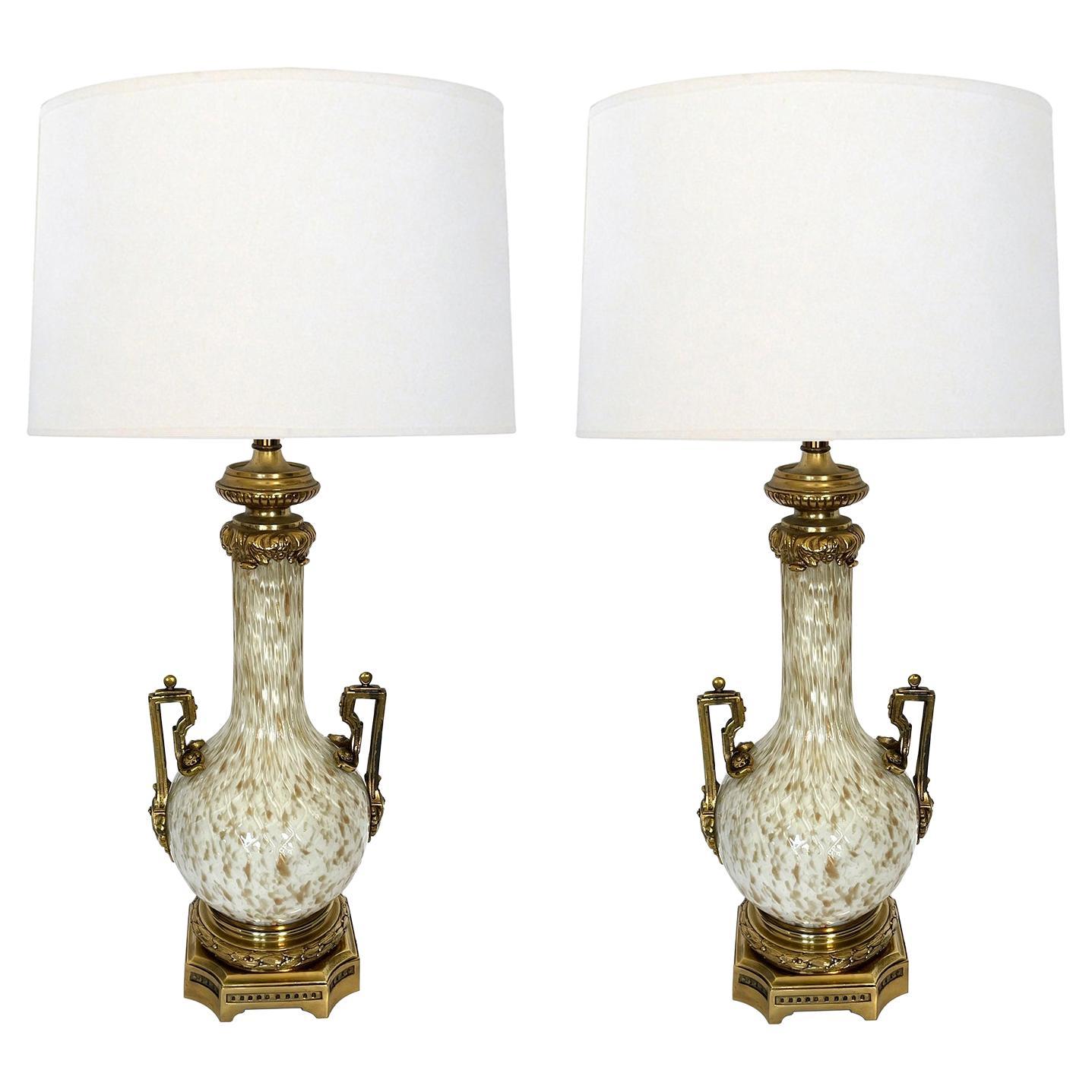 Pair of Murano Gold Aventurine Bottle-Form Lamps with Brass Mounts
