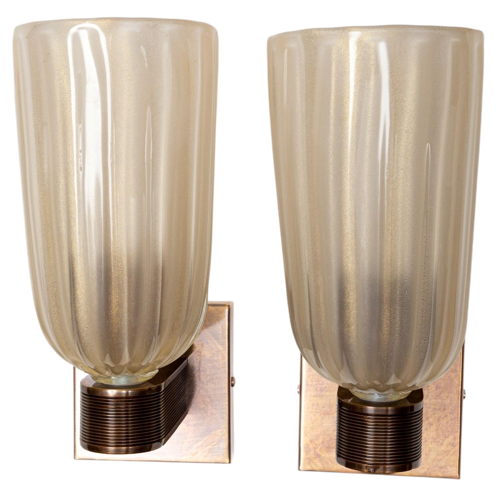 Pair of Murano Gold Blown Round Bronze Wall Lights, Contemporary, UL Certified For Sale