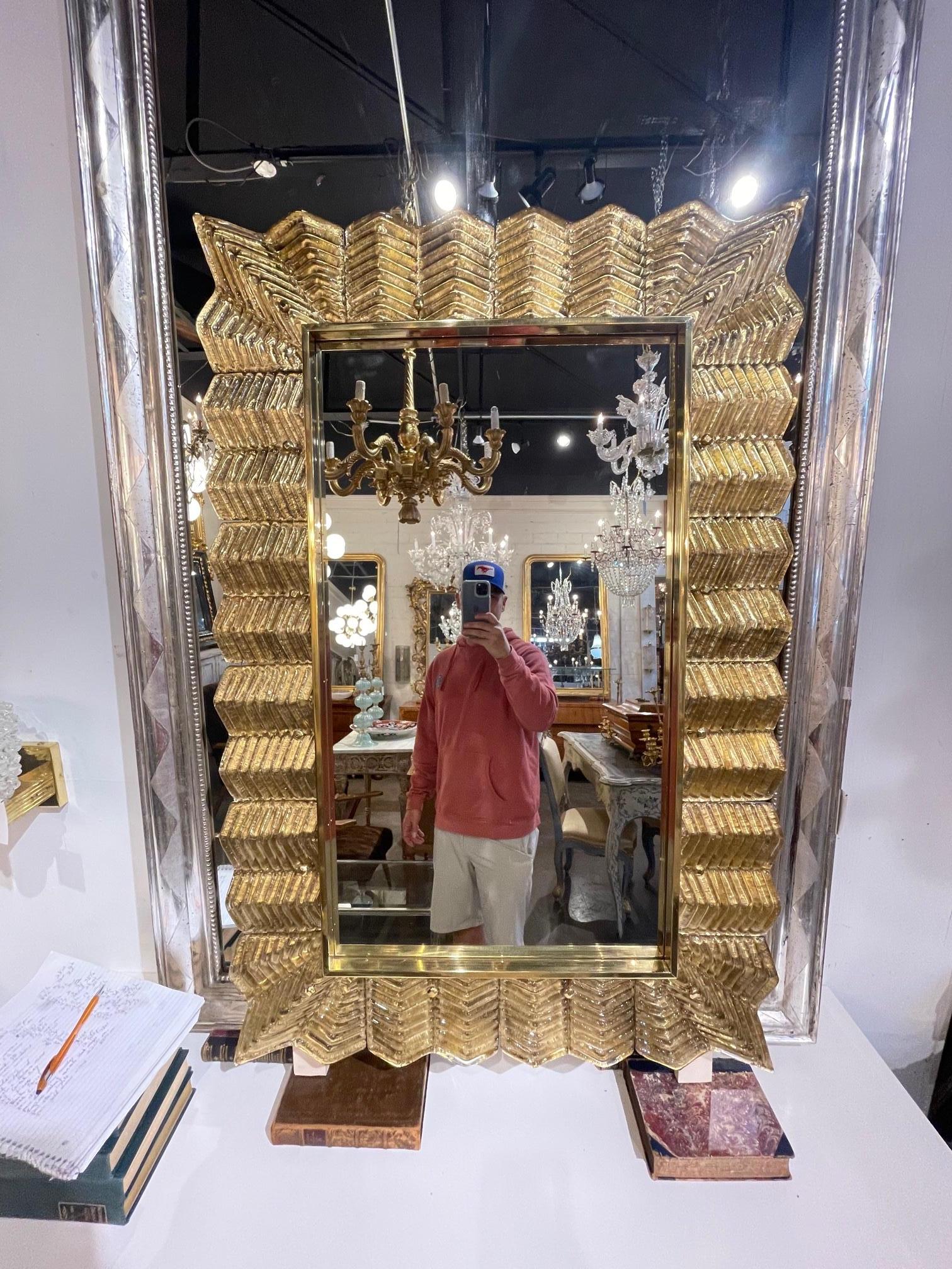 Pair of Murano Gold Glass Leaf Mirrors For Sale 1