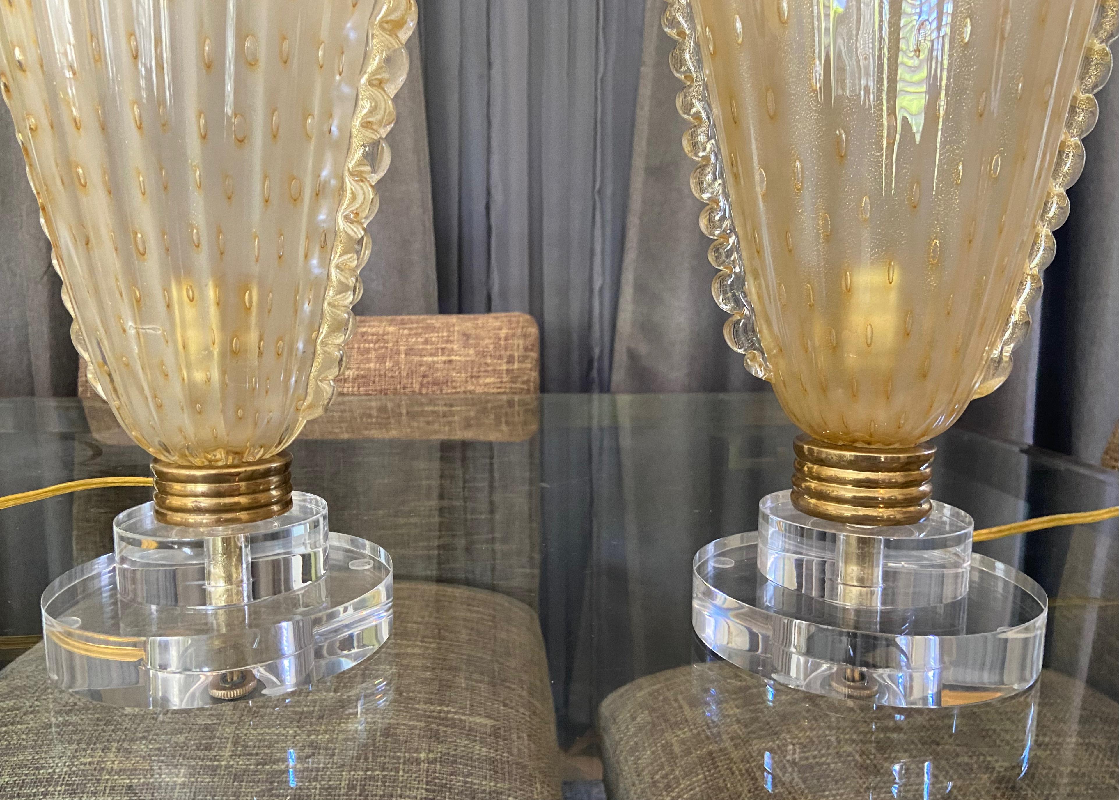 Pair of Murano Gold Glass Torchere Table Lamps For Sale 7
