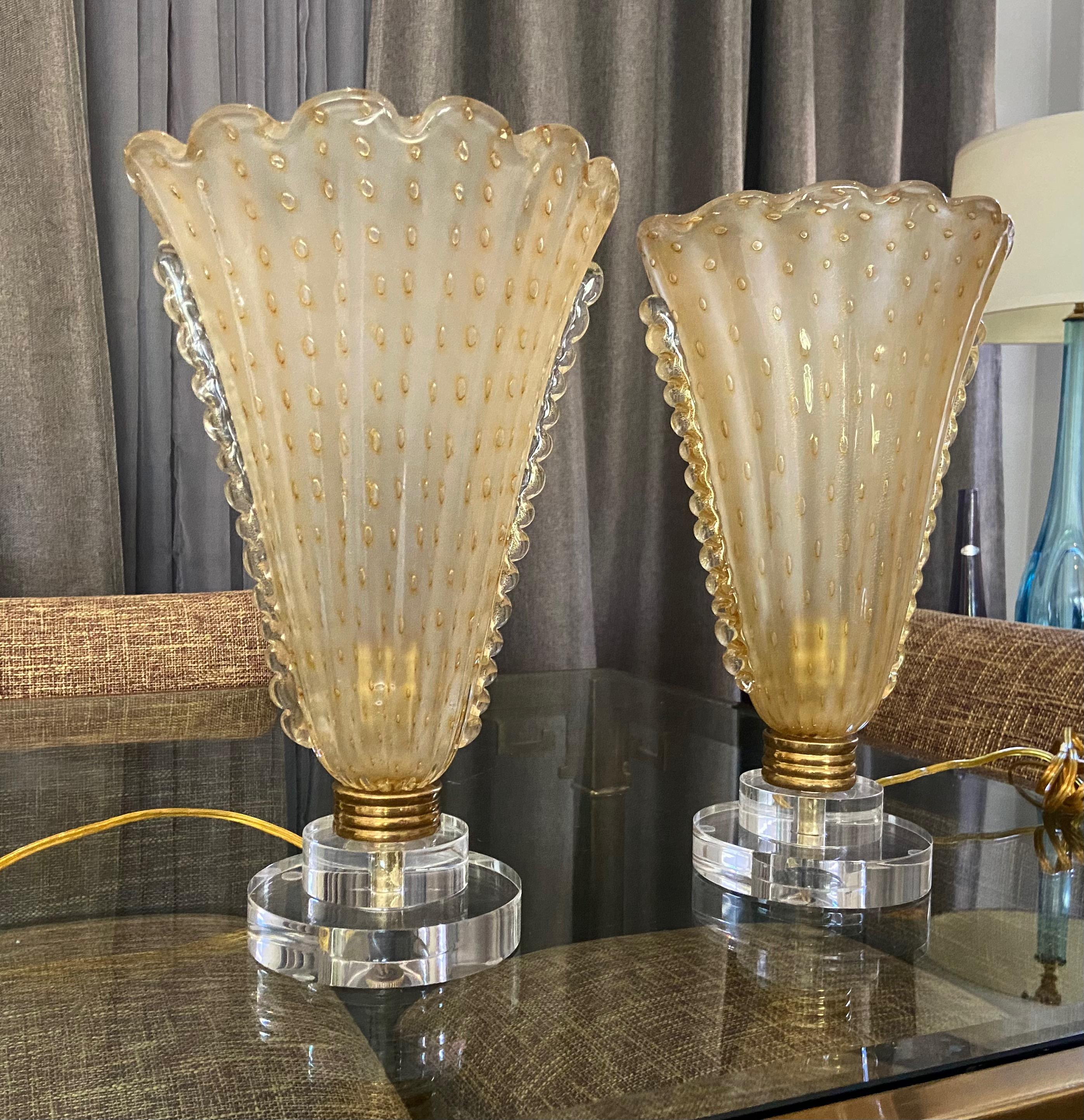 Pair of Murano Gold Glass Torchere Table Lamps For Sale 13