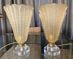 Pair of Murano Glass Torchere Table Lamps, Yellow Shades, Italy, 1960s