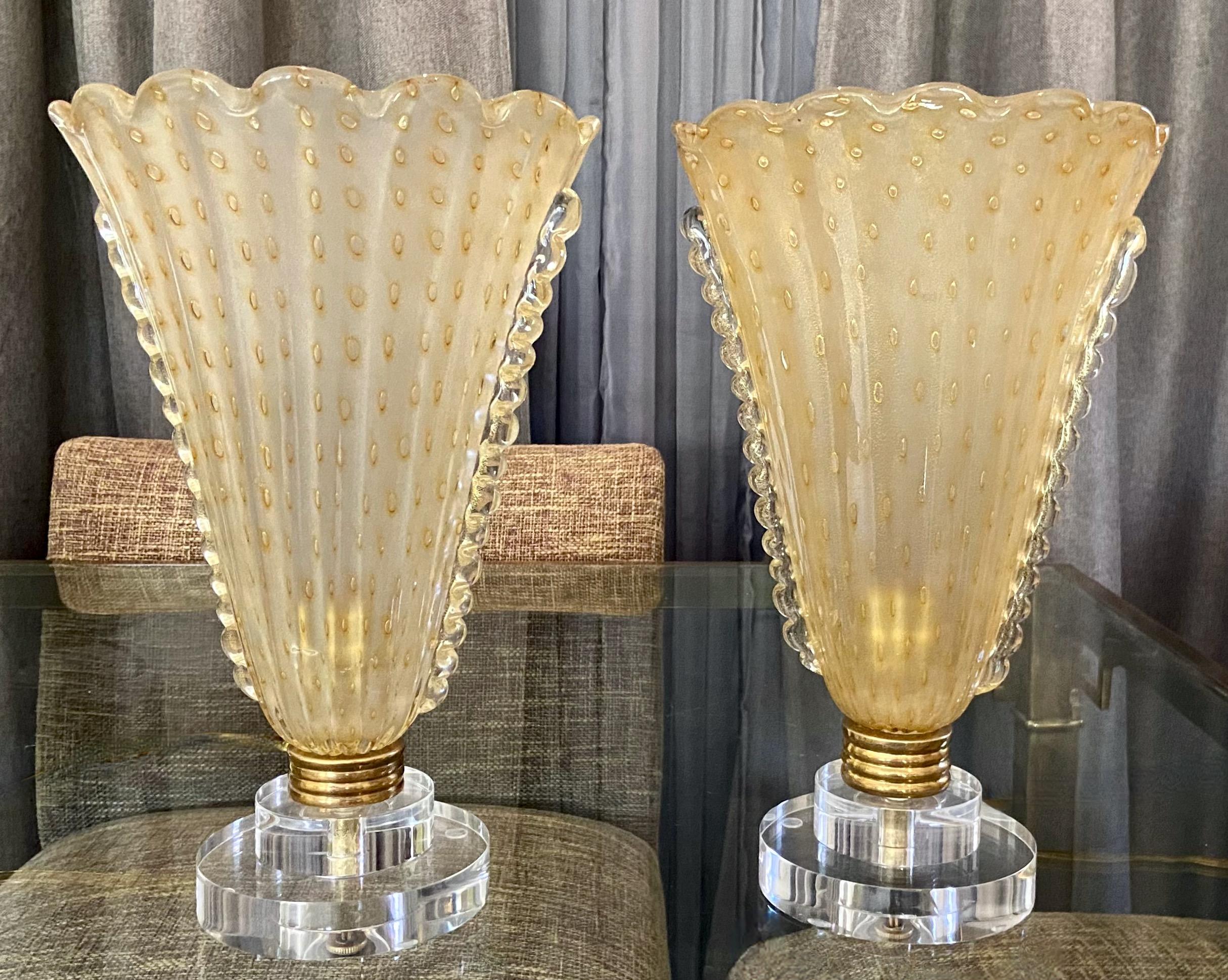 Pair of Murano Gold Glass Torchere Table Lamps For Sale 14