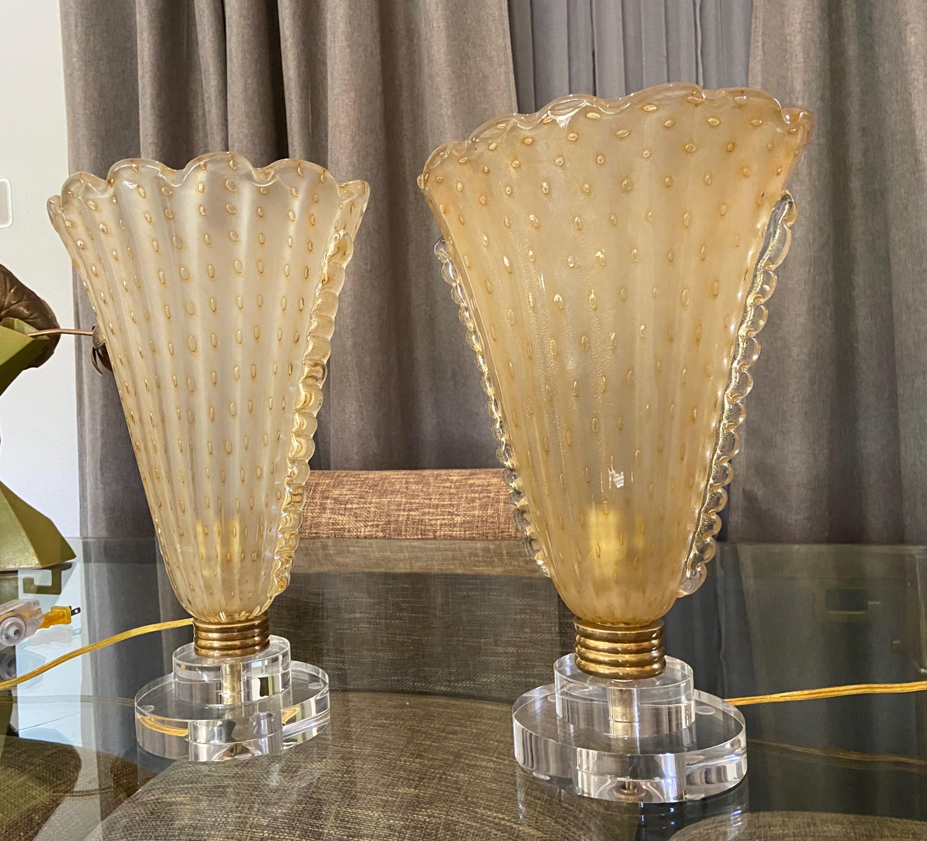 Italian Pair of Murano Gold Glass Torchere Table Lamps For Sale